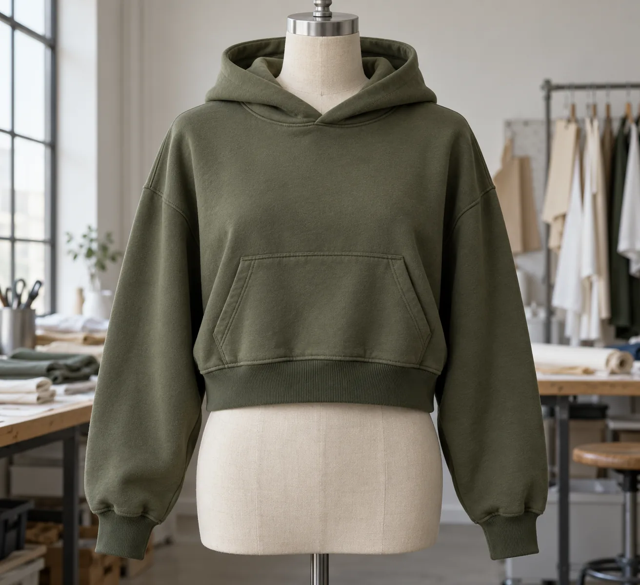 Finished cropped hoodie on a plain dress form with a kangaroo pocket and rib hem