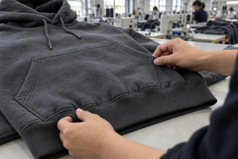Photorealistic apparel factory documentary close-up of an operator inspecting the lower front of a charcoal hoodie at a