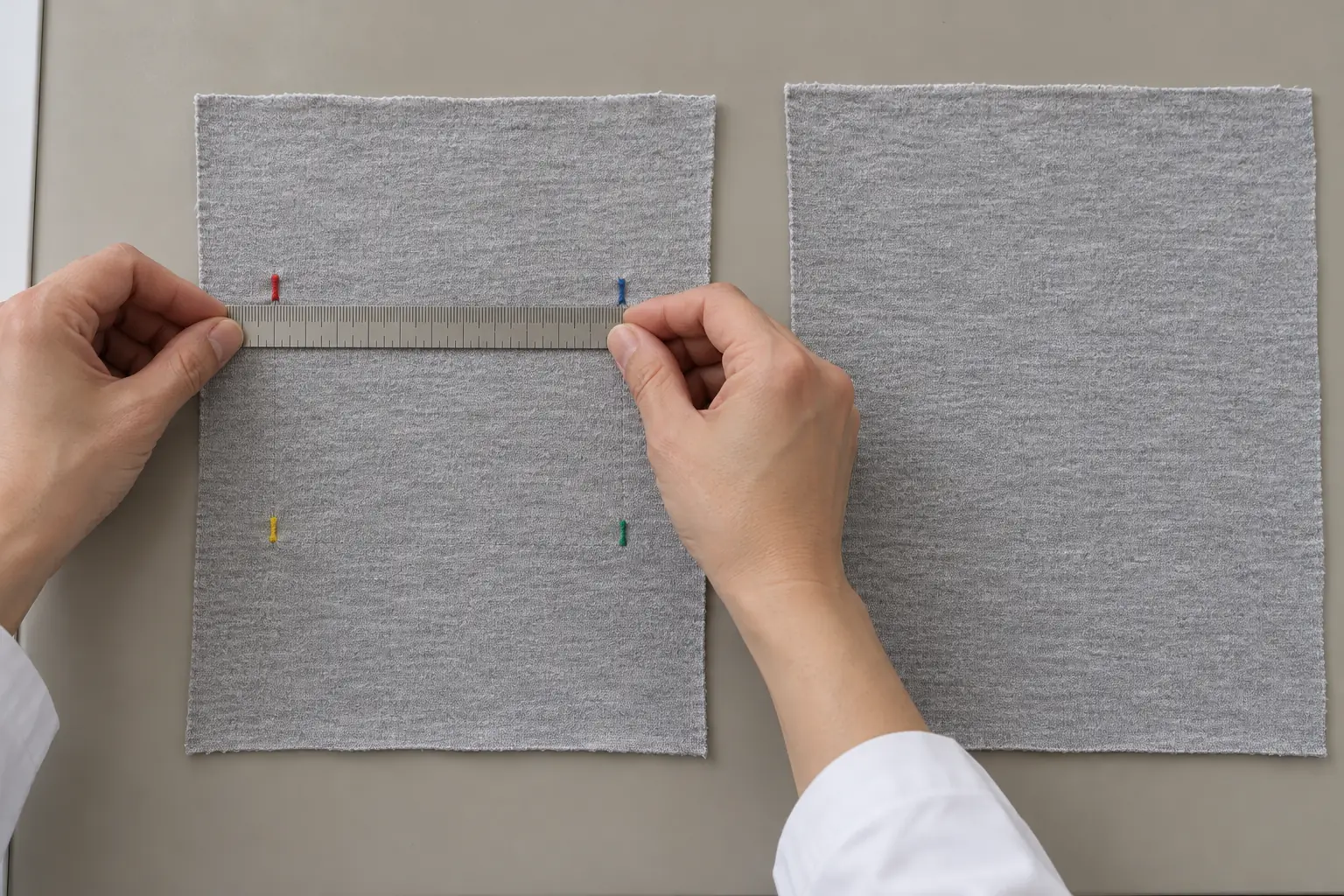 Technician measuring marked reference distances on a relaxed jersey specimen