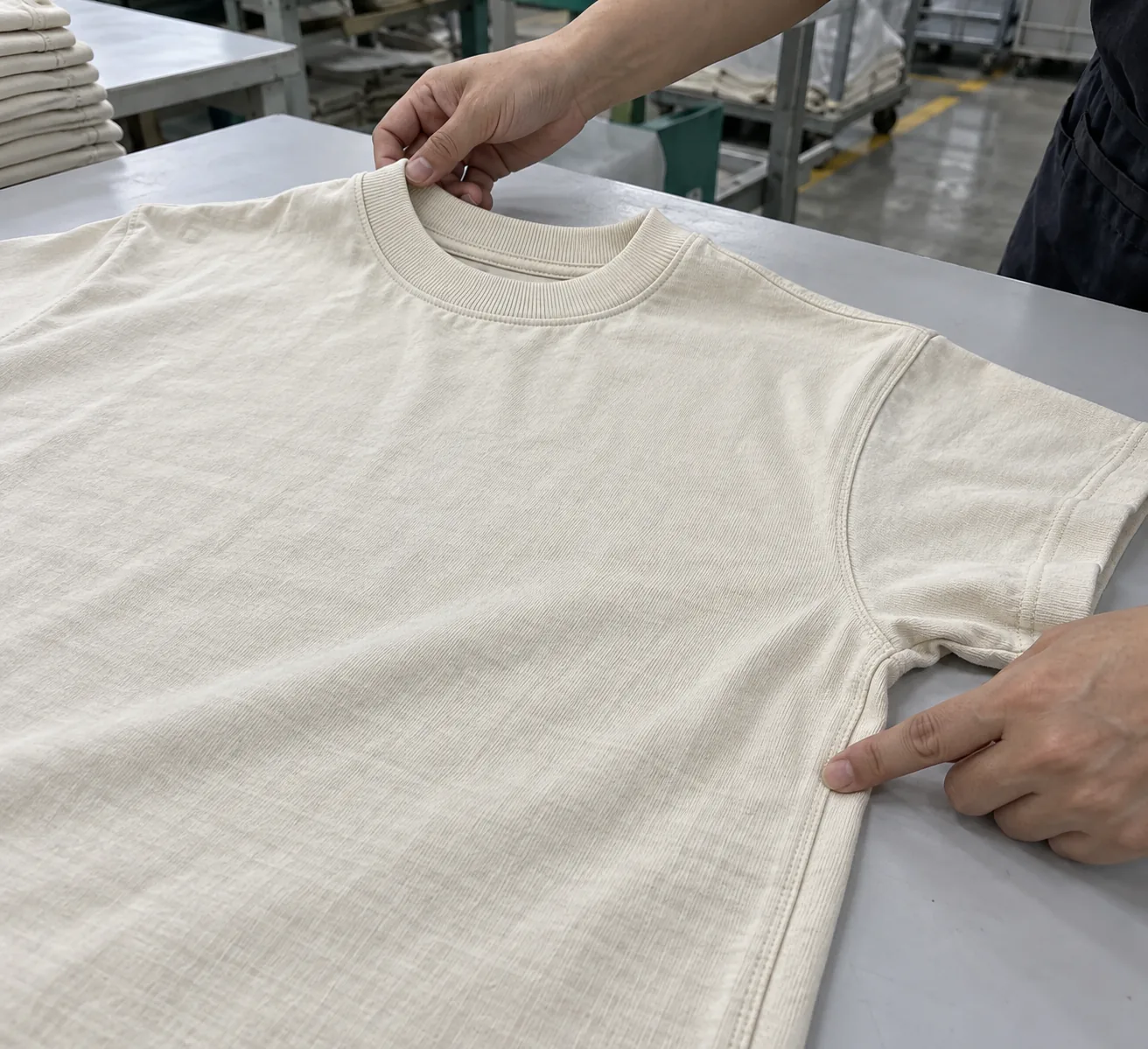 Washed heavyweight tee being checked for collar shape and side seam rotation