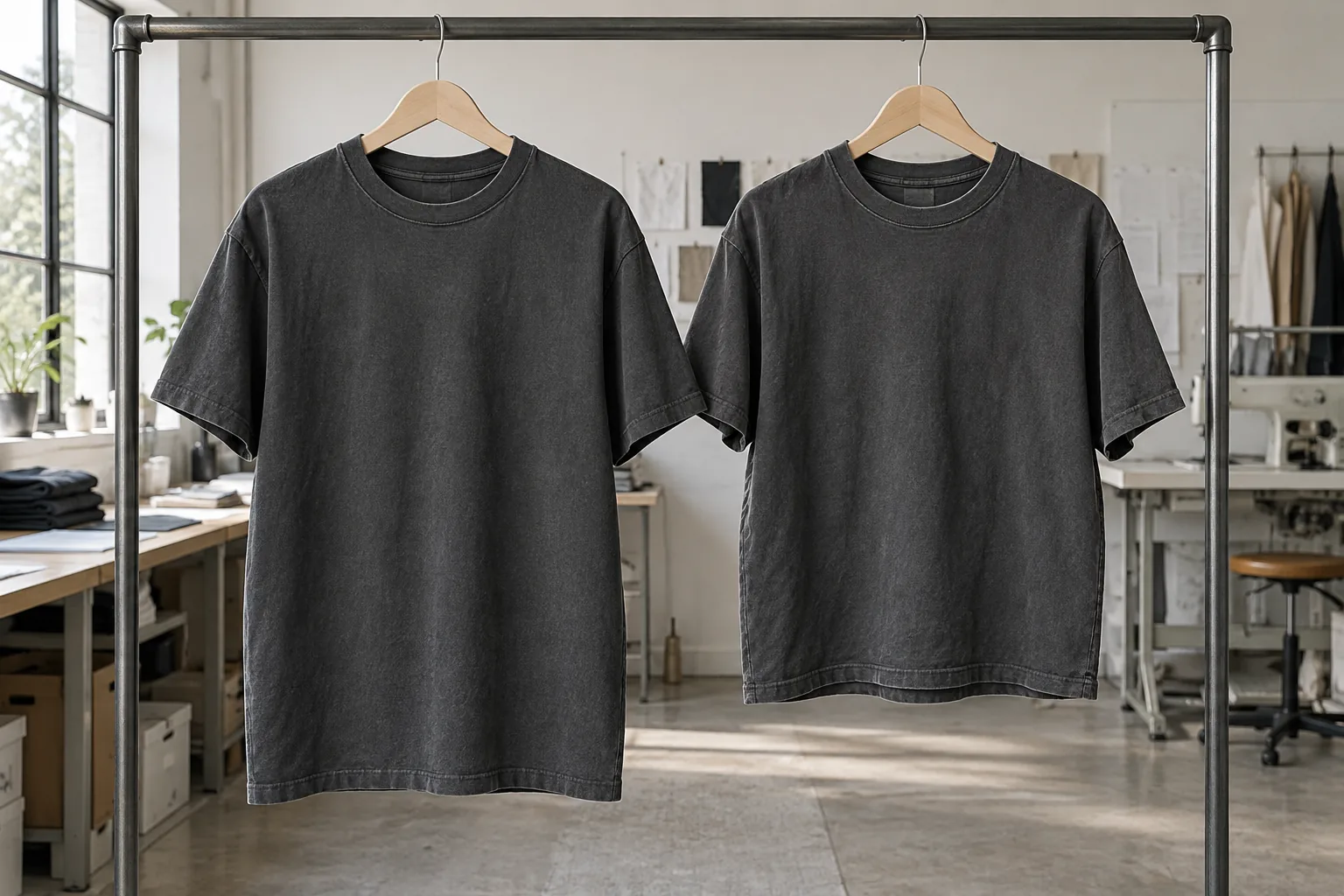 Photorealistic apparel documentary photograph of two unbranded charcoal heavyweight cotton T-shirts, one unwashed and on