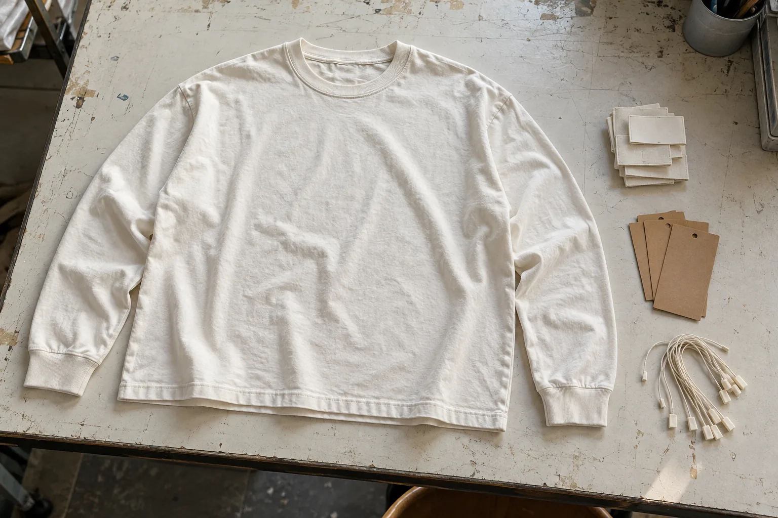 Unbranded long-sleeve garment and blank label components arranged on a sampling table