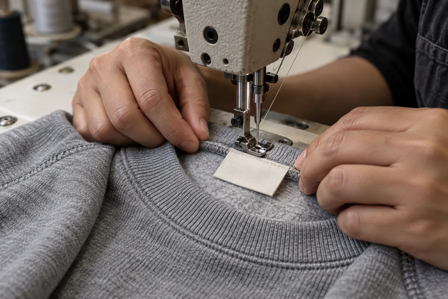 Sewing operator attaching a plain folded label inside a sweatshirt neckline