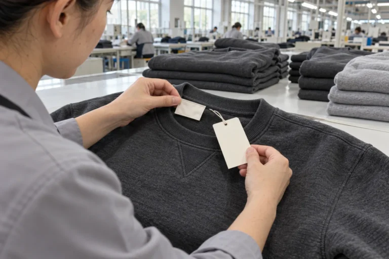 Photorealistic apparel factory documentary photograph of a QC inspector checking a finished charcoal sweatshirt on a cle