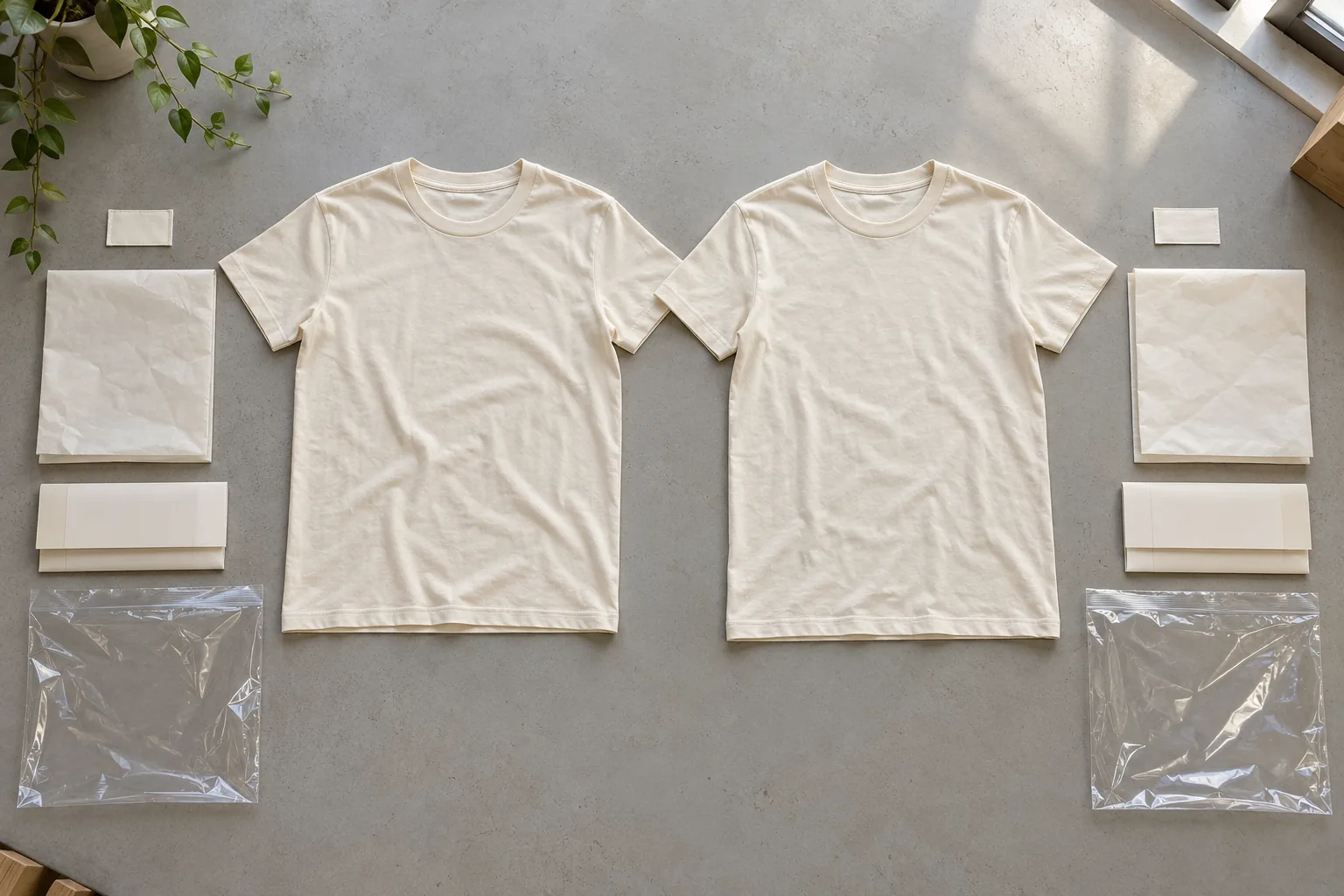 Plain garments and packaging components arranged for a purchasing comparison