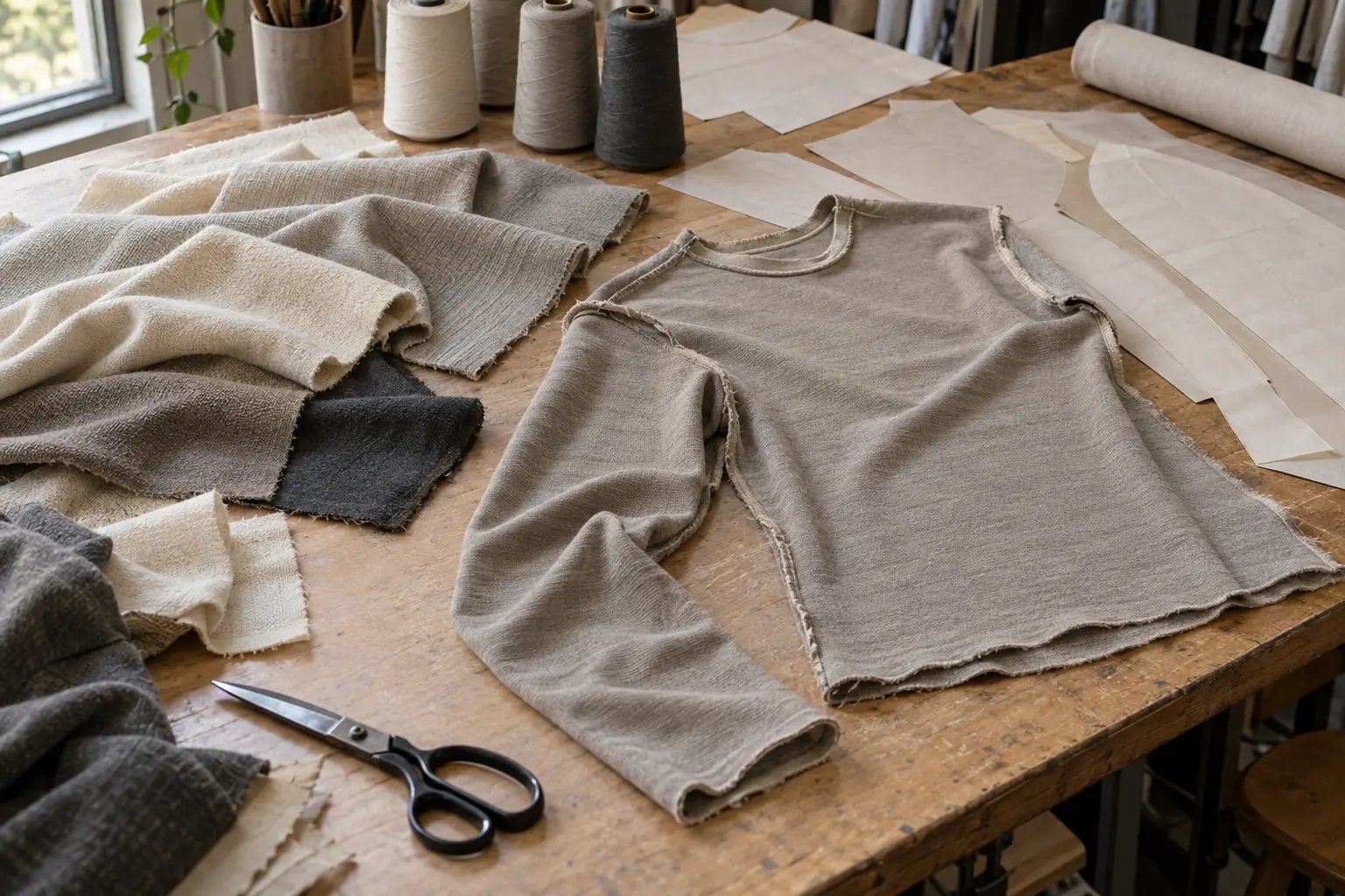 Fabric swatches and garment samples on a development table