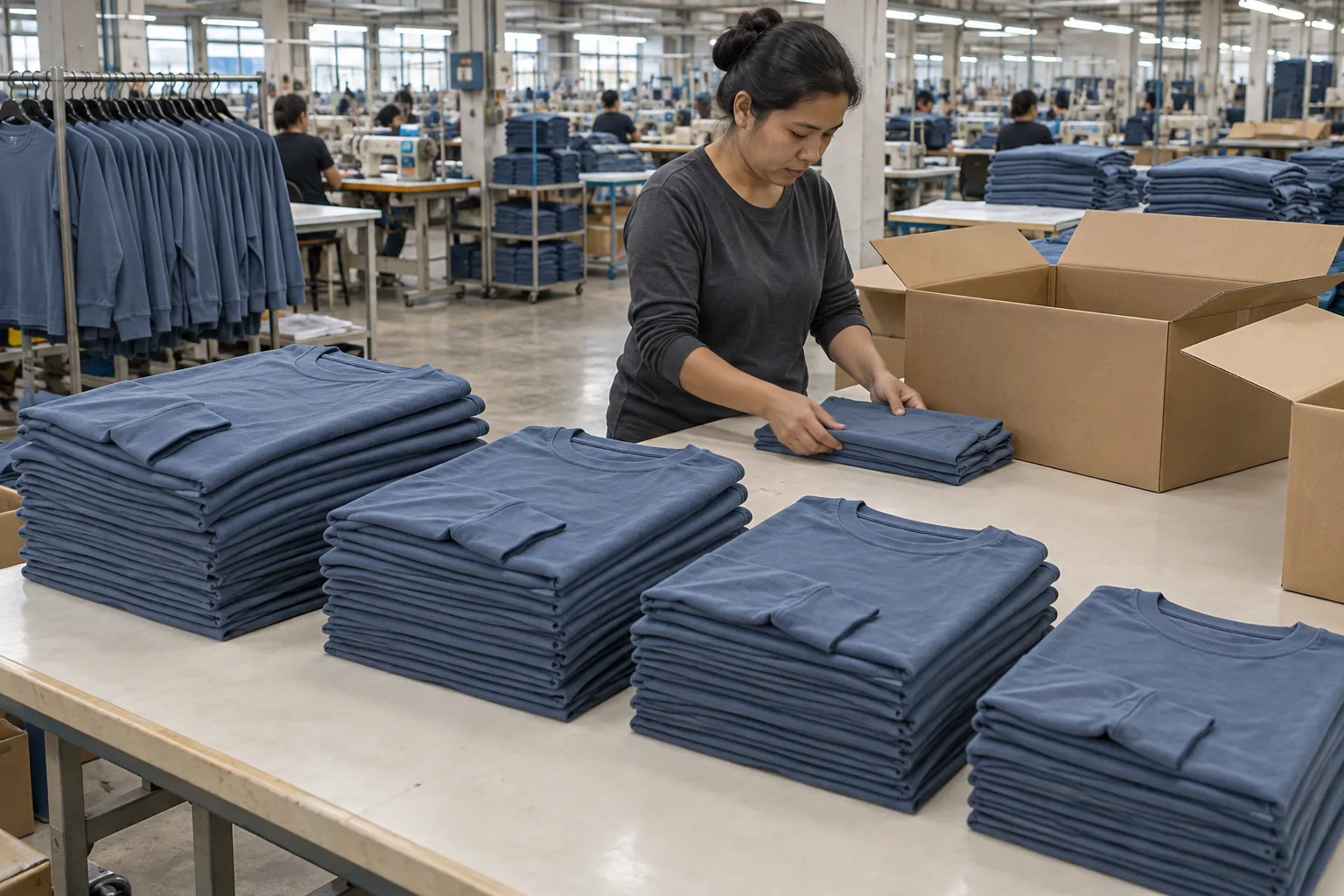 Finished plain garments grouped into size assortments before packing