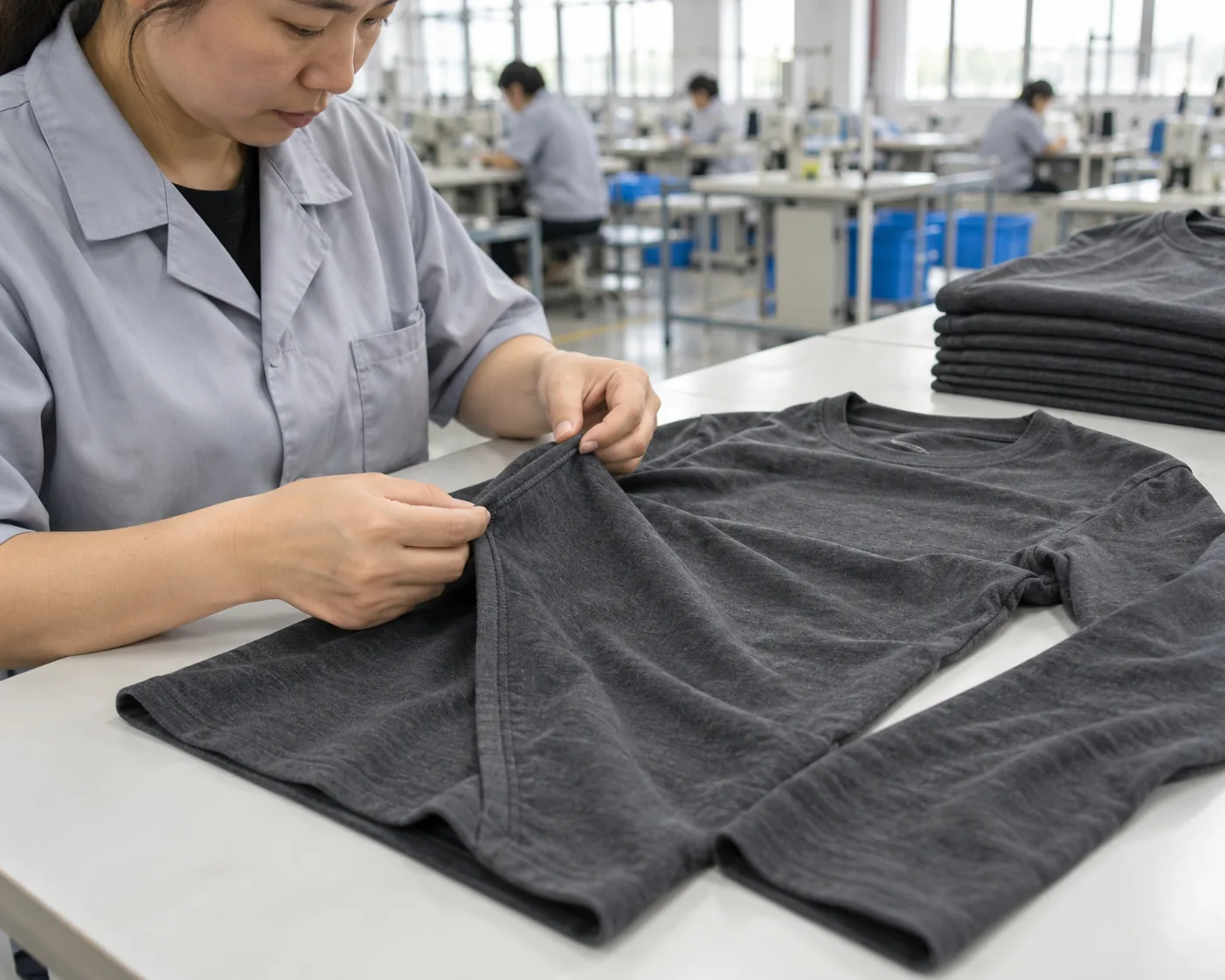 Photorealistic apparel factory documentary photograph of a quality inspector checking a plain charcoal jersey long-sleev