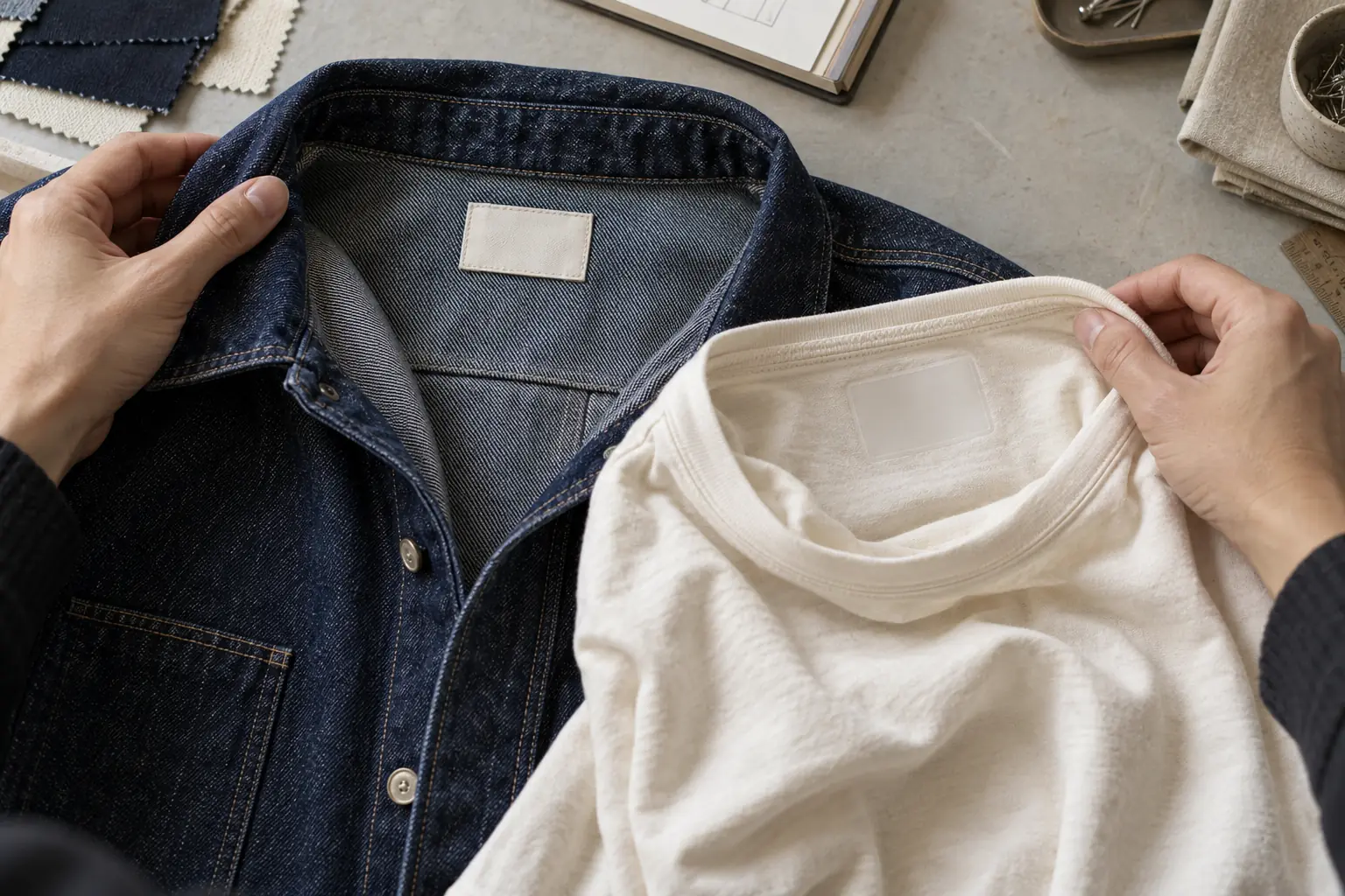 Garment interiors showing a blank woven label and a blank neck transfer sample