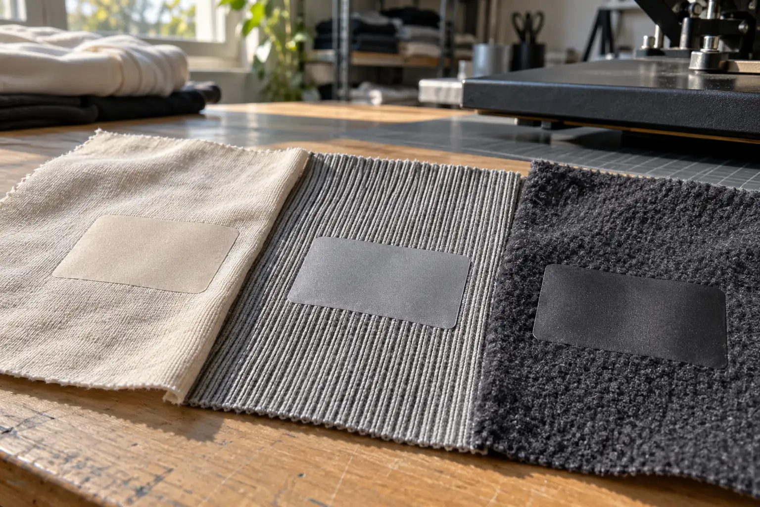 Cotton jersey, rib knit, and brushed fleece swatches prepared for label application trials