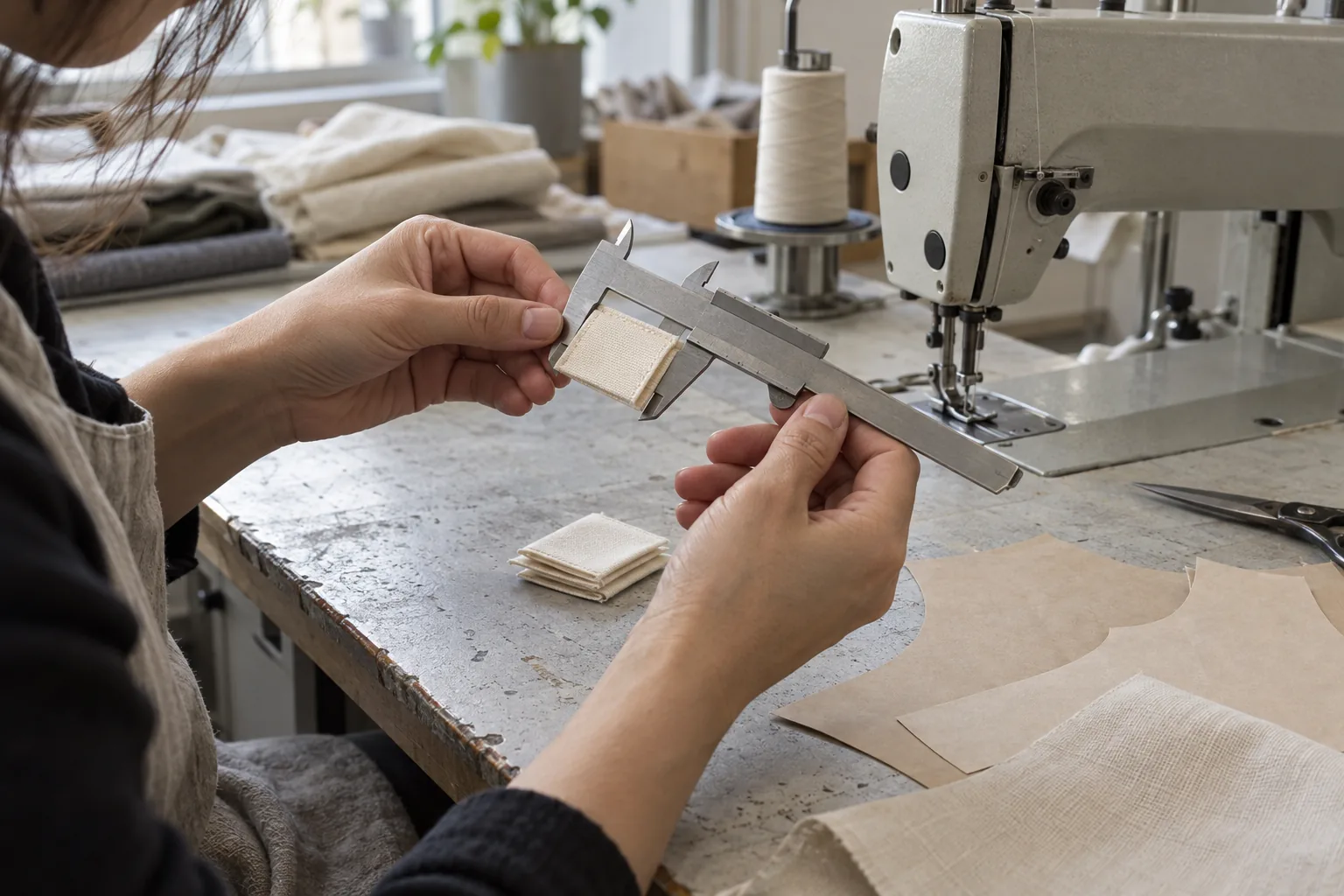 Sample maker measuring a folded blank woven label beside garment pattern pieces
