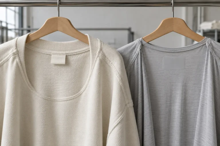 Photorealistic apparel documentary photograph of two finished garment interiors on a clean inspection rail, heavyweight