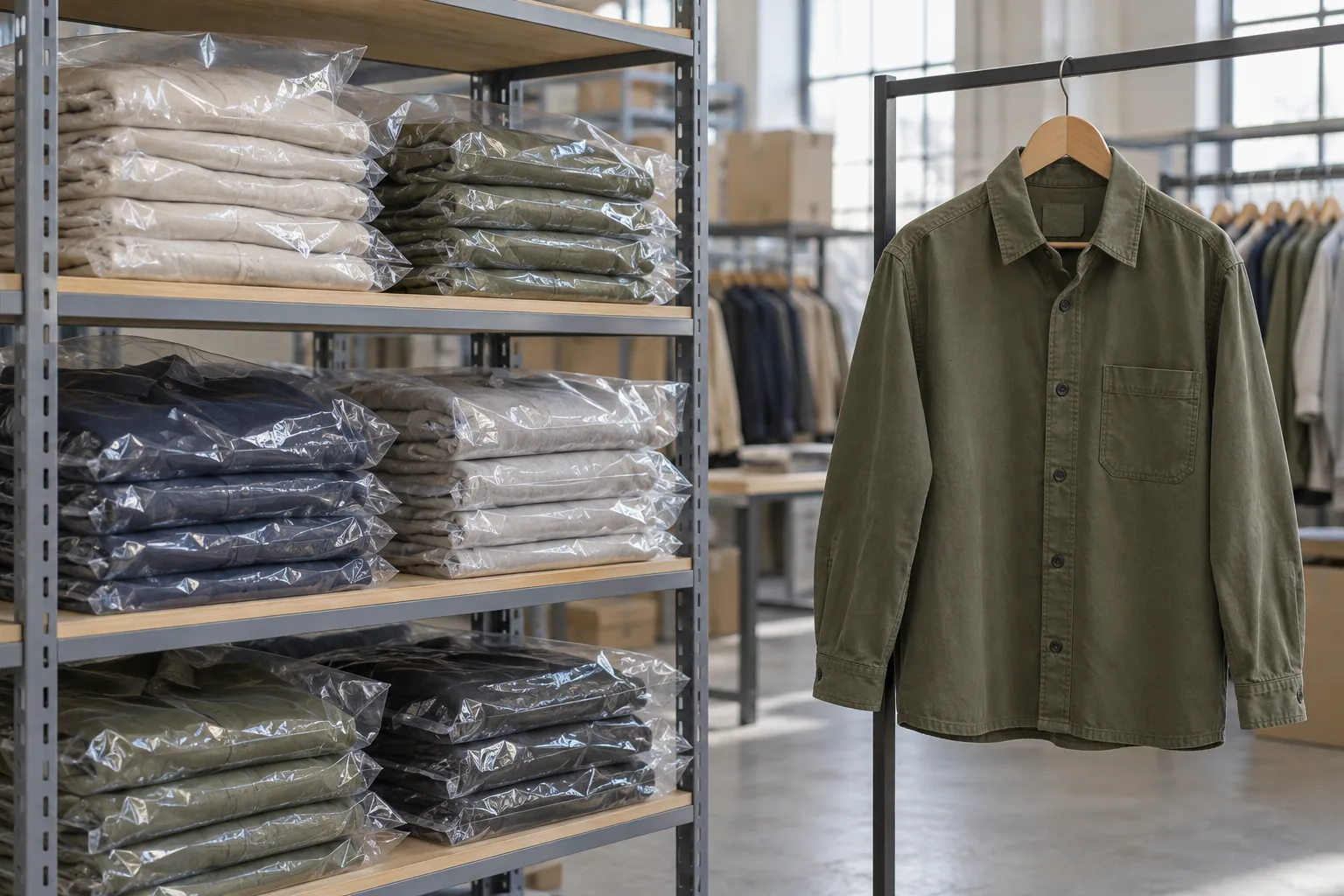 Folded garments in clear protective bags beside a retail presentation sample