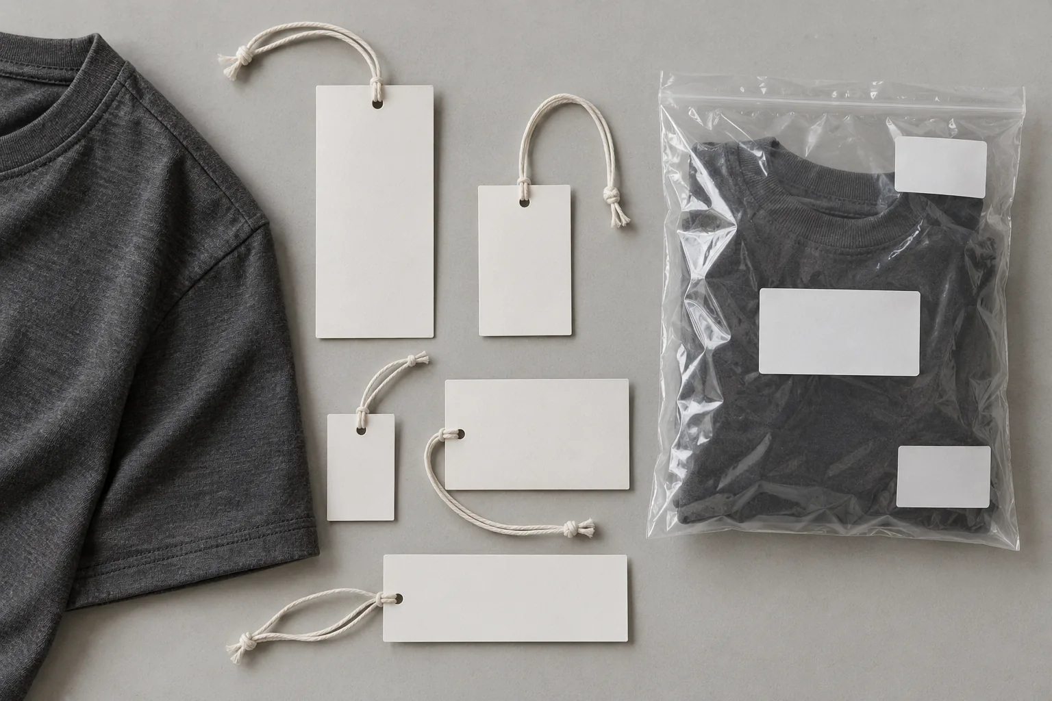 Blank hangtag samples and bag label positions arranged on a garment sampling table