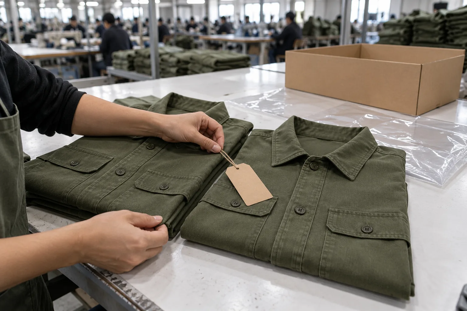Operator checking a folded overshirt against a packaging sample at a finishing station