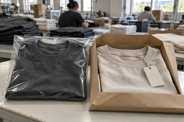 Photorealistic apparel factory documentary photograph of finished heavyweight tees at a packing bench, one folded inside