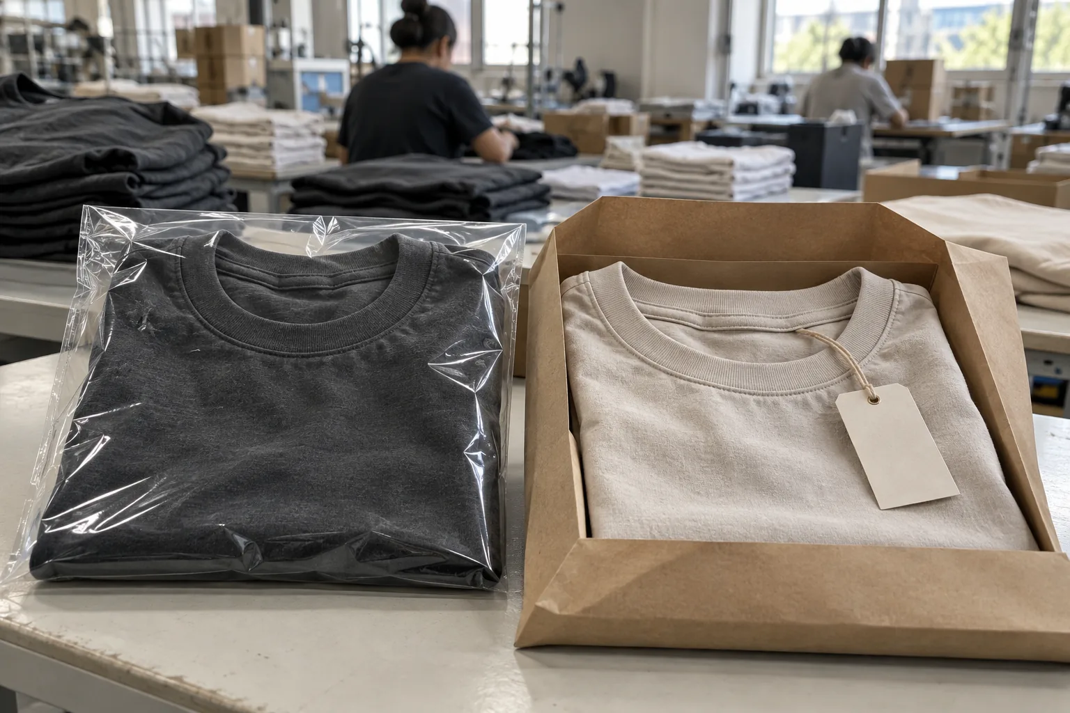 Photorealistic apparel factory documentary photograph of finished heavyweight tees at a packing bench, one folded inside