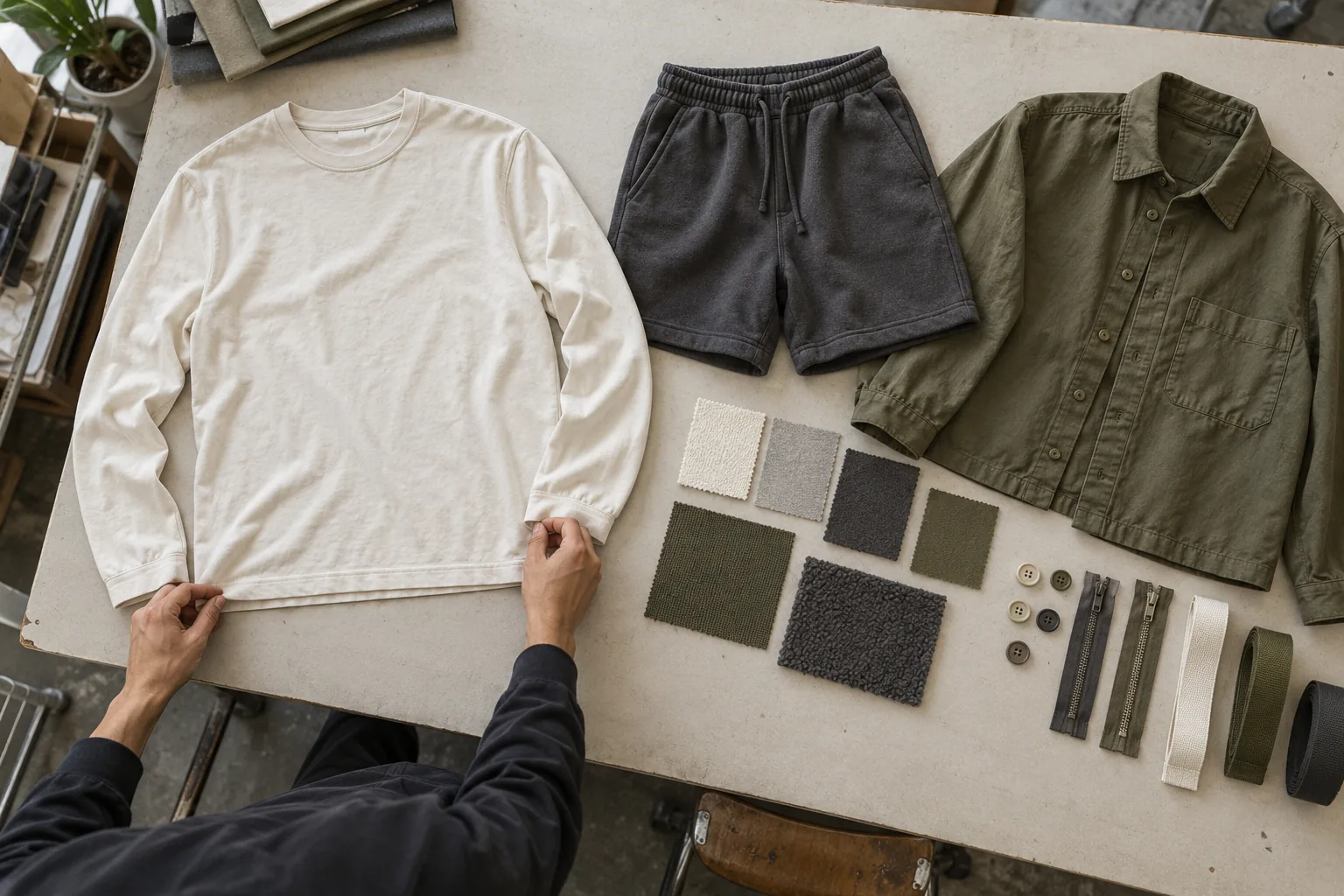 Sample garments and fabric references arranged for a collection quotation review