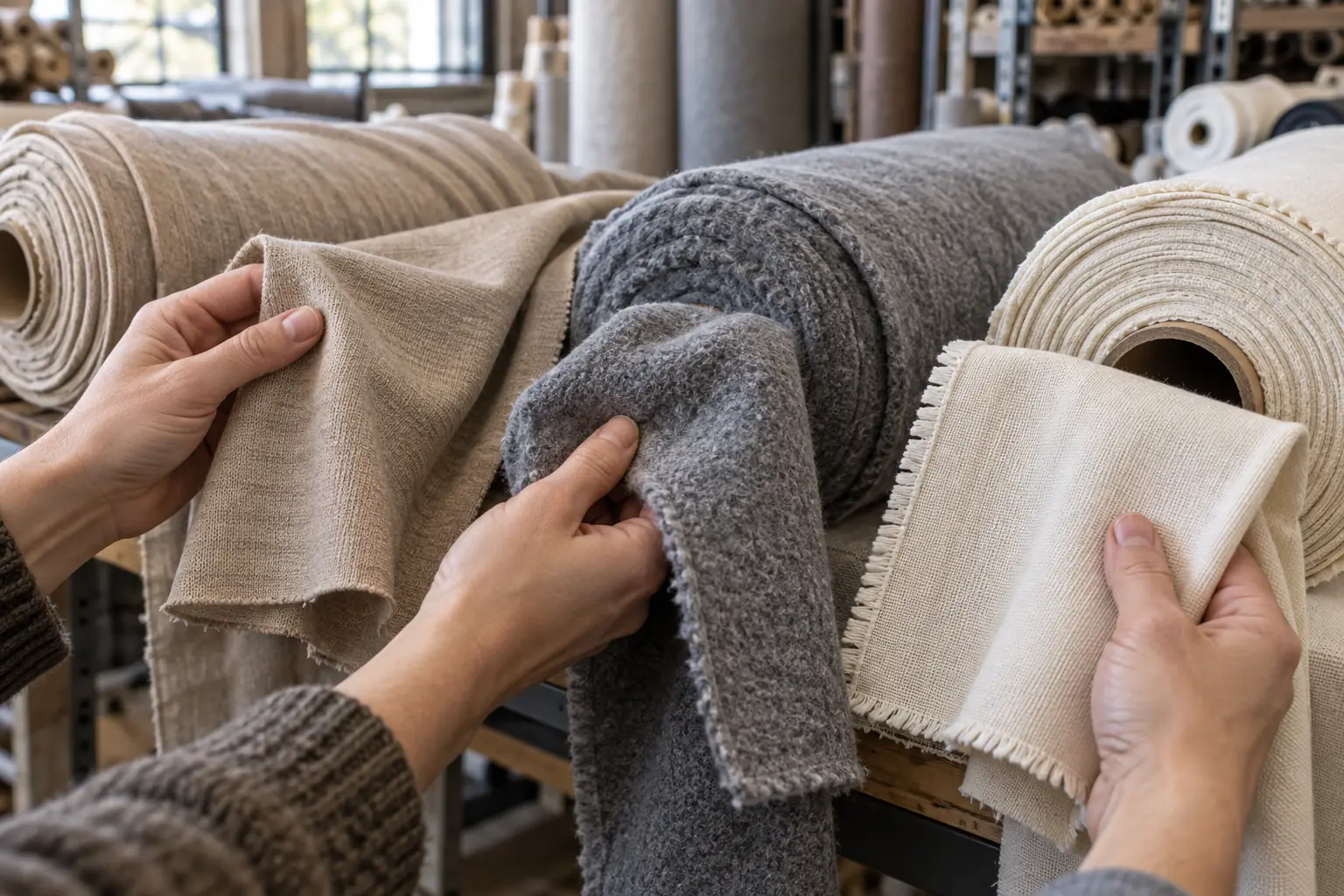 Fabric rolls and matching swatches being checked for garment specifications