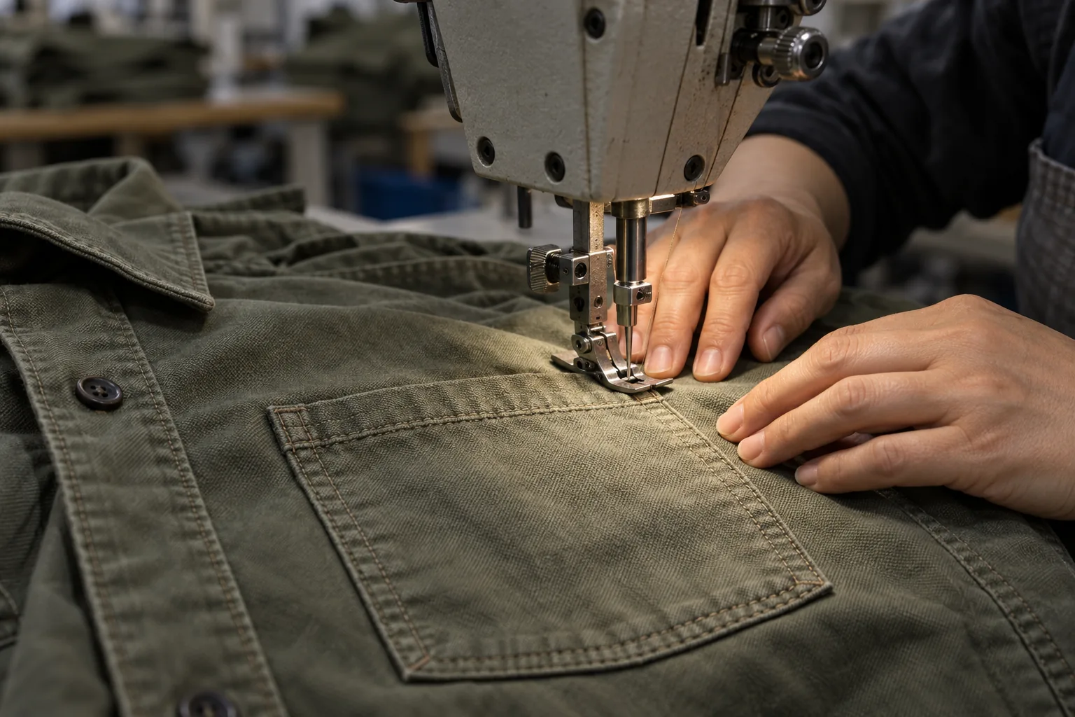 Operator sewing a woven overshirt pocket on an industrial machine