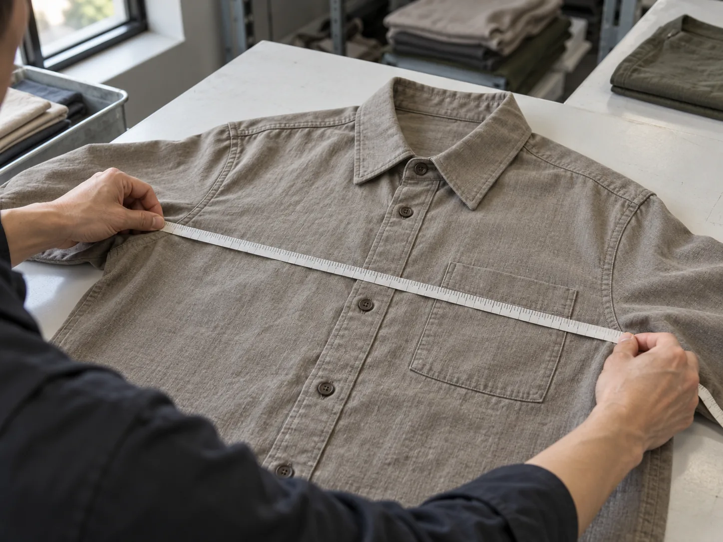 Garment inspector measuring an overshirt sample at a quality control table