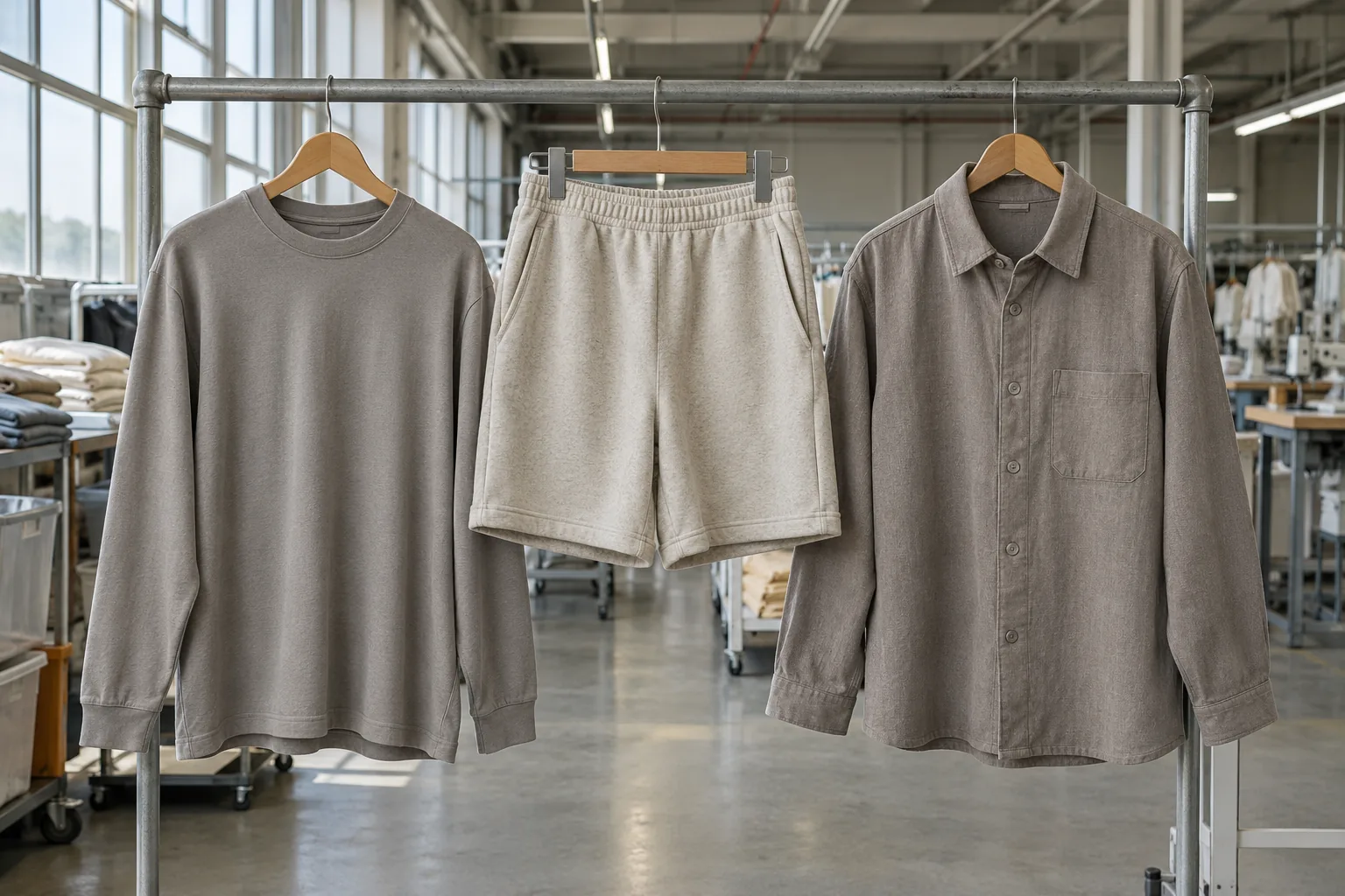 Photorealistic documentary photograph of finished unbranded apparel on a factory inspection rail