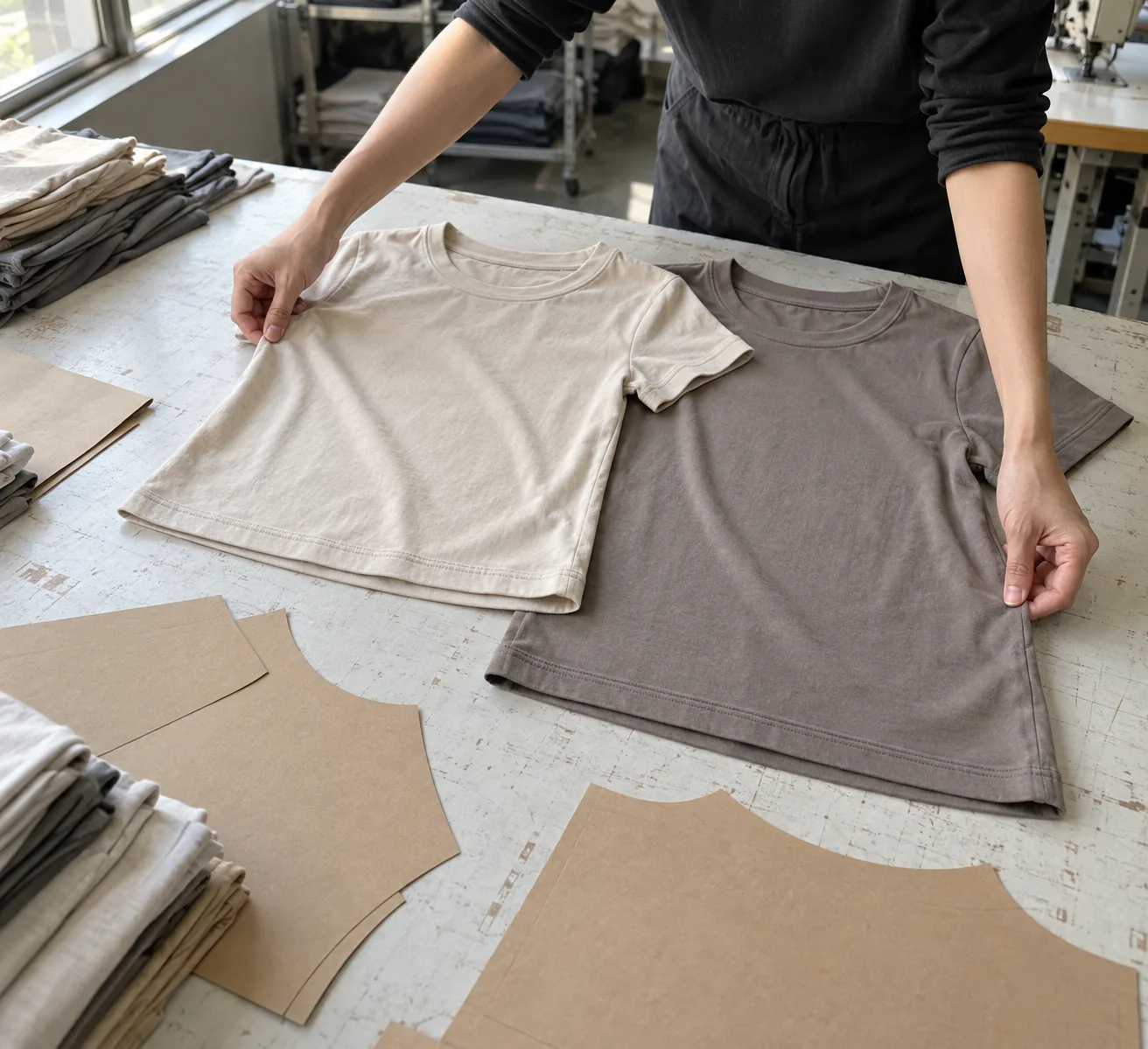 Two garment samples being compared on a development table