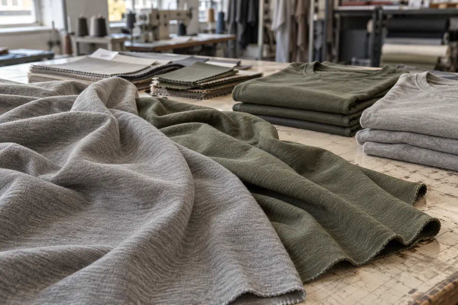 Neutral jersey fabric swatches beside folded sample garments
