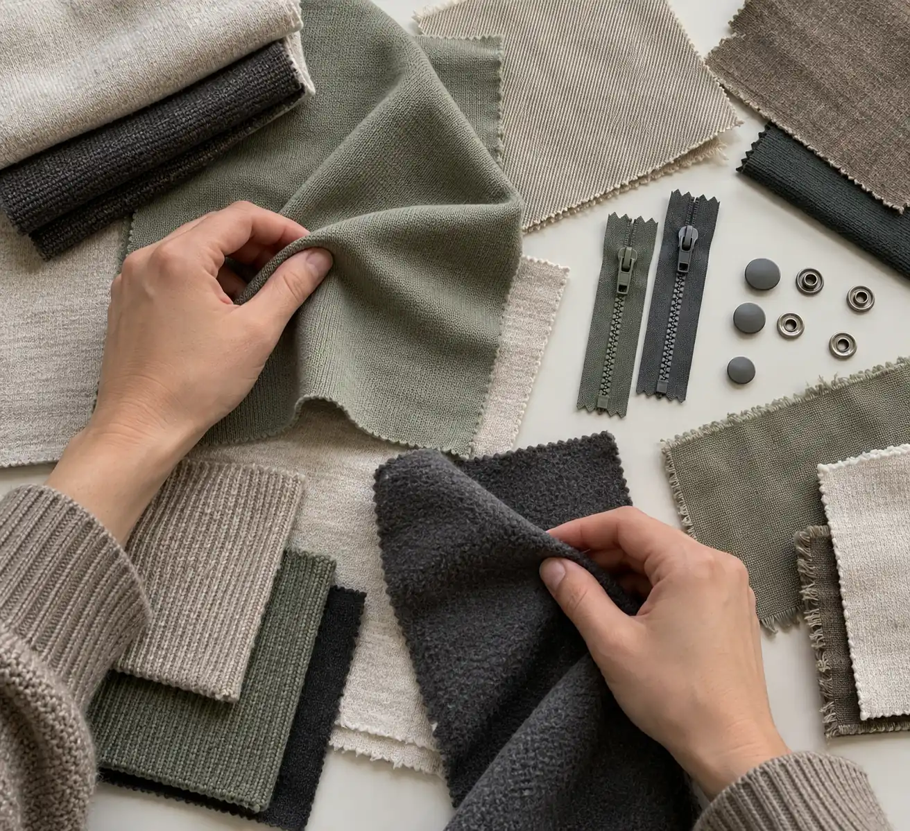 Coordinated fabric swatches and matte garment trims arranged for collection review