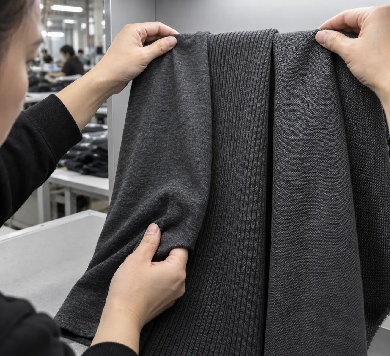 Buyer comparing jersey, rib and woven fabric references under neutral inspection lighting