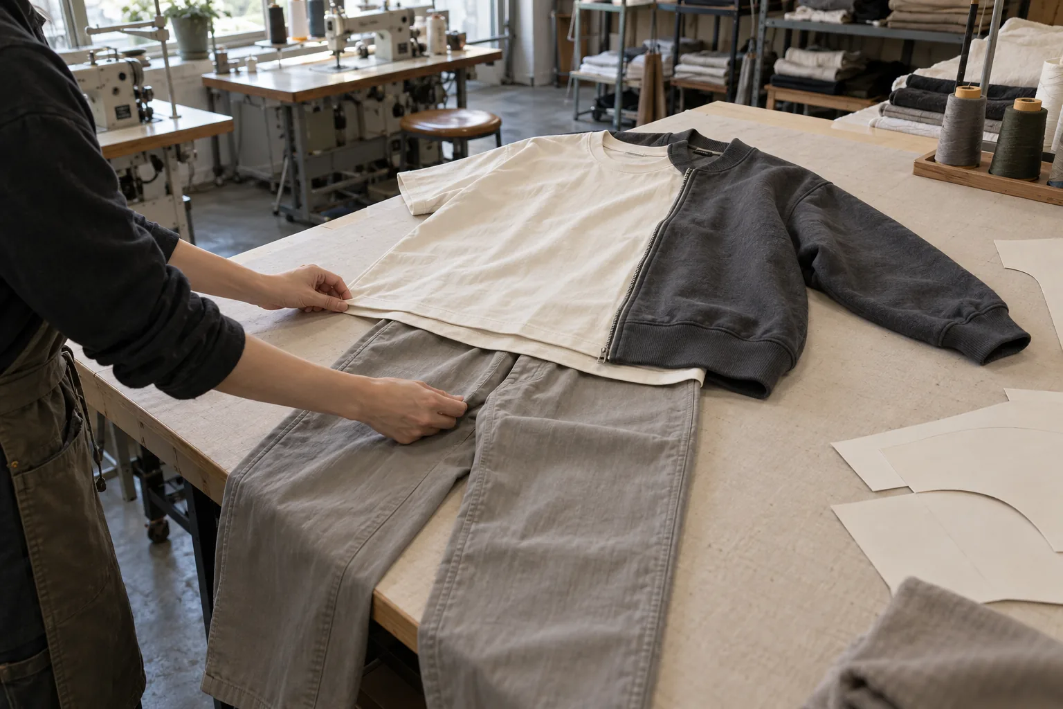 Unbranded tee, zip sweatshirt and trousers laid out together on a sampling table
