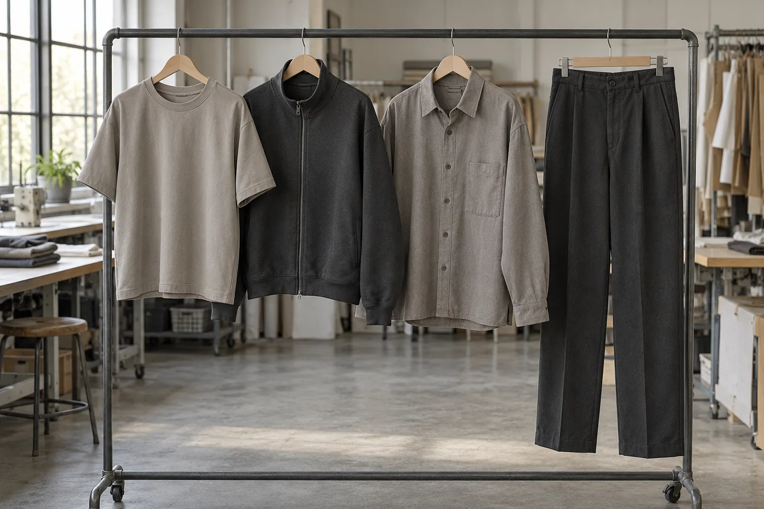 Photorealistic apparel production documentary photograph of finished unbranded boxy tee, zip sweatshirt, woven overshirt
