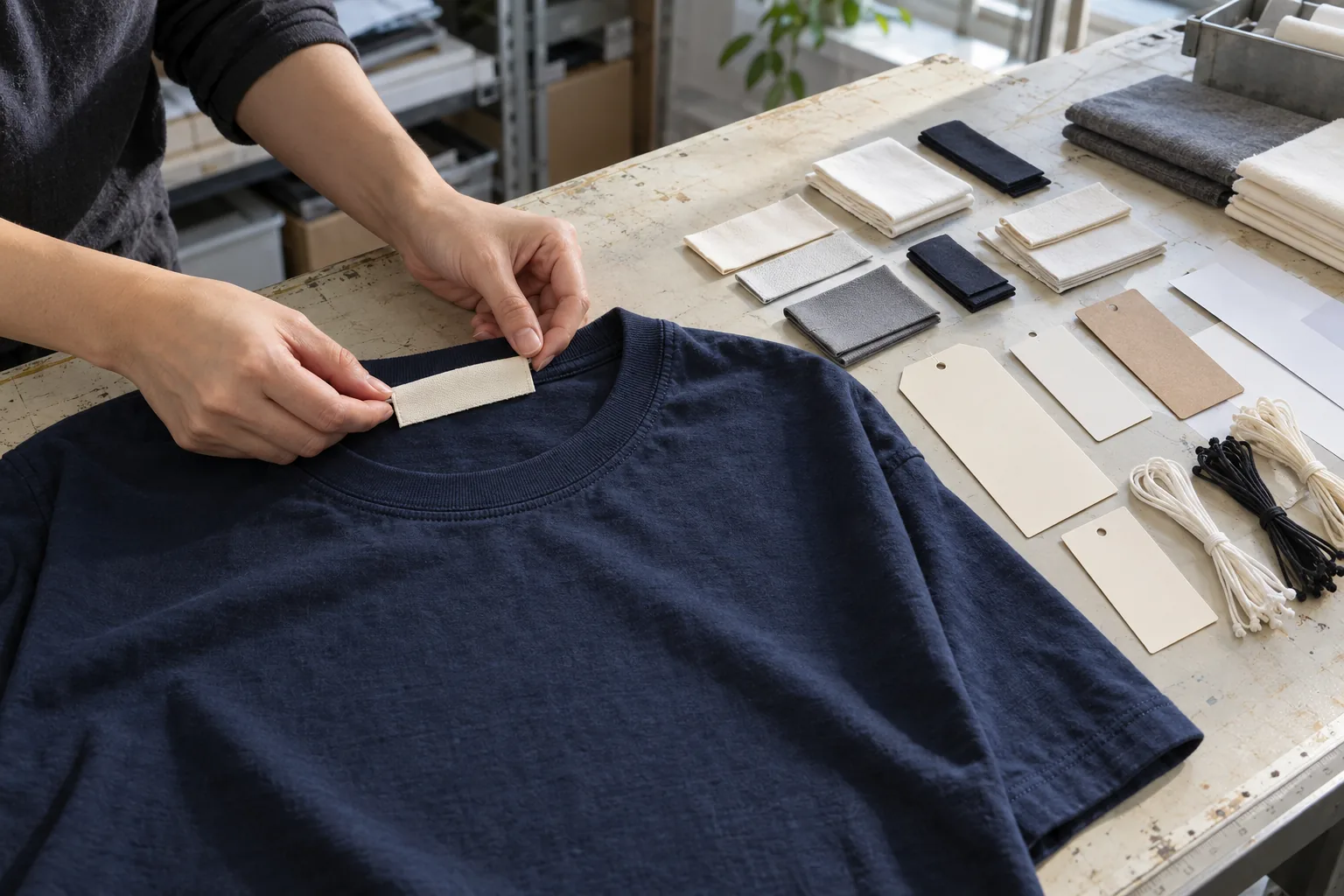 Sample garment on a development table with blank folded labels and hangtag prototypes