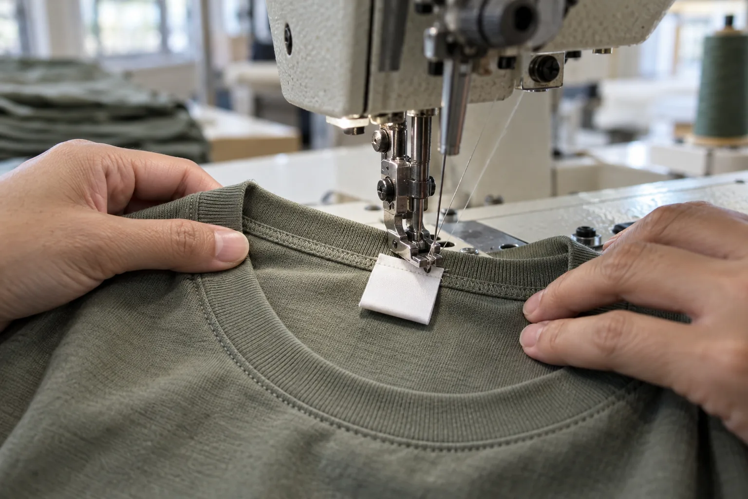 Sewing operator attaching a plain folded label inside a jersey neckline
