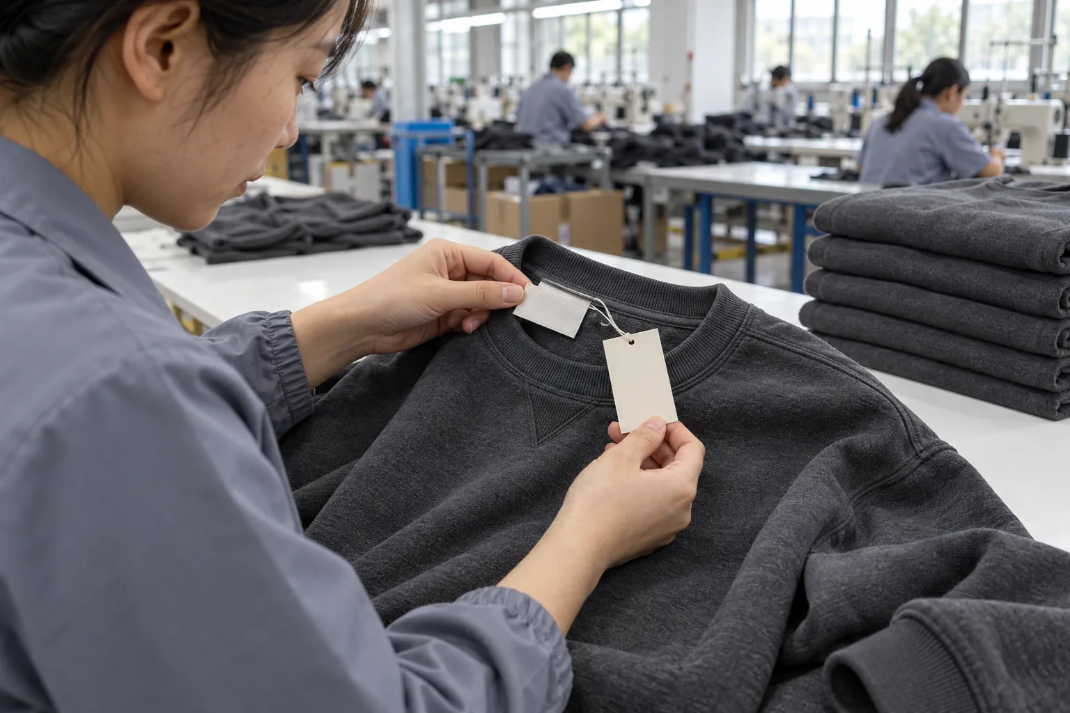 Photorealistic apparel factory documentary photograph of a quality inspector checking a finished charcoal sweatshirt on