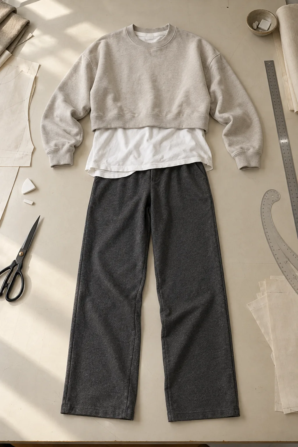 Unbranded crewneck, tee, and trousers arranged together on a sampling table
