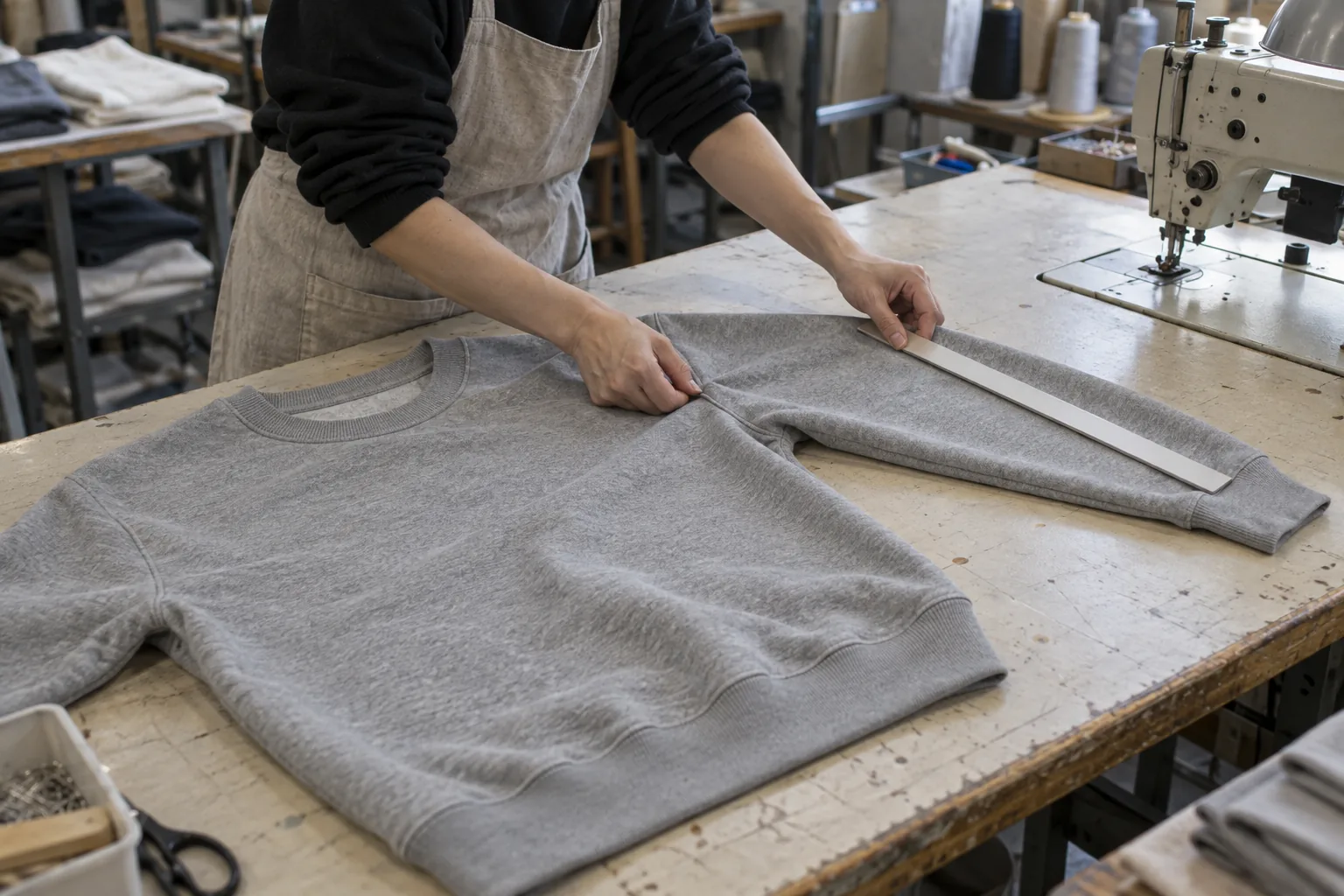 Sample maker checking sleeve and body proportions on a plain sweatshirt