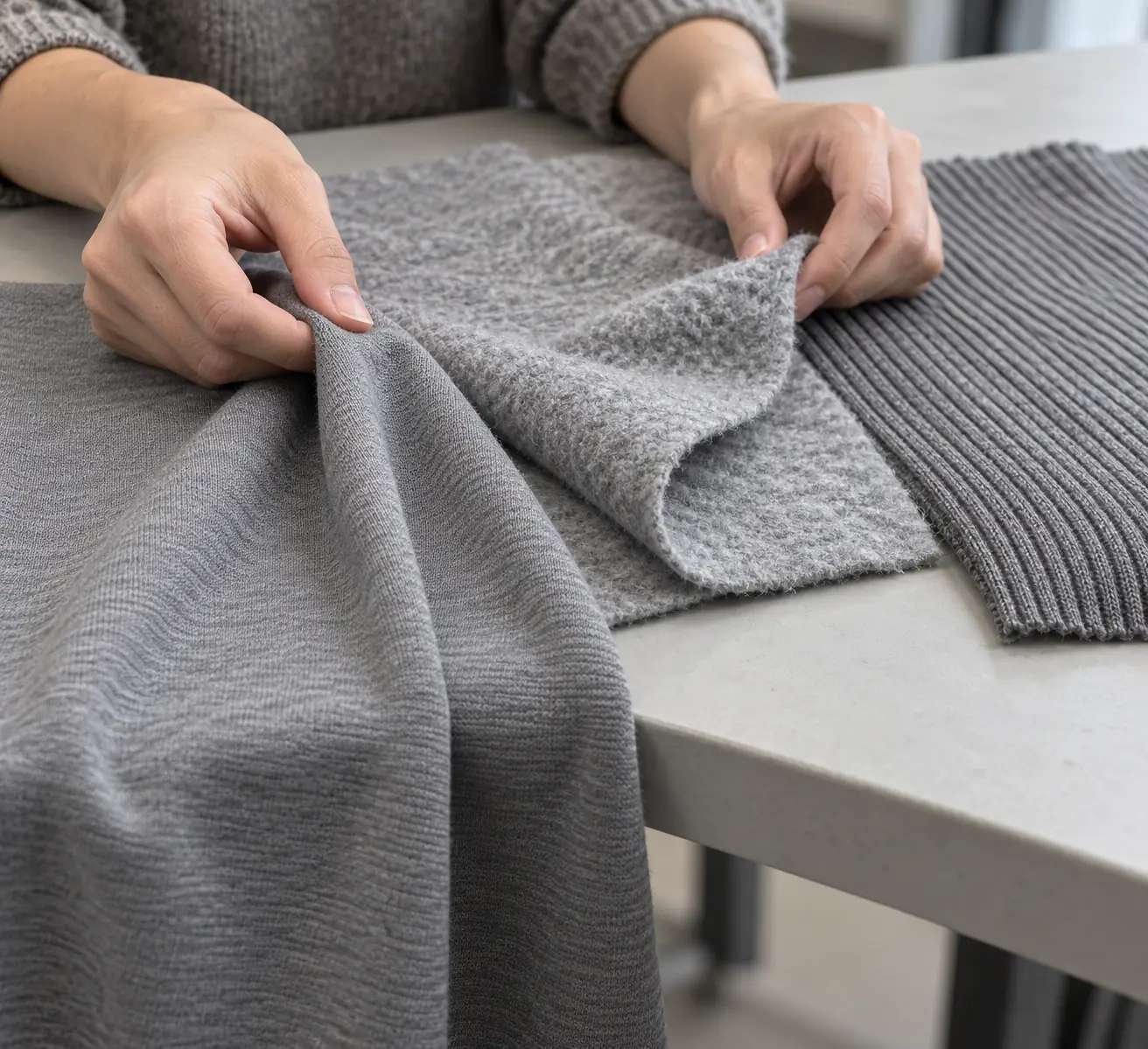 Jersey, sweatshirt fabric, and rib swatches compared under neutral light