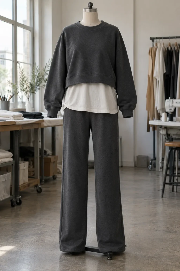Photorealistic garment documentary photograph of a finished unbranded streetwear outfit on a dress form in a modest appa