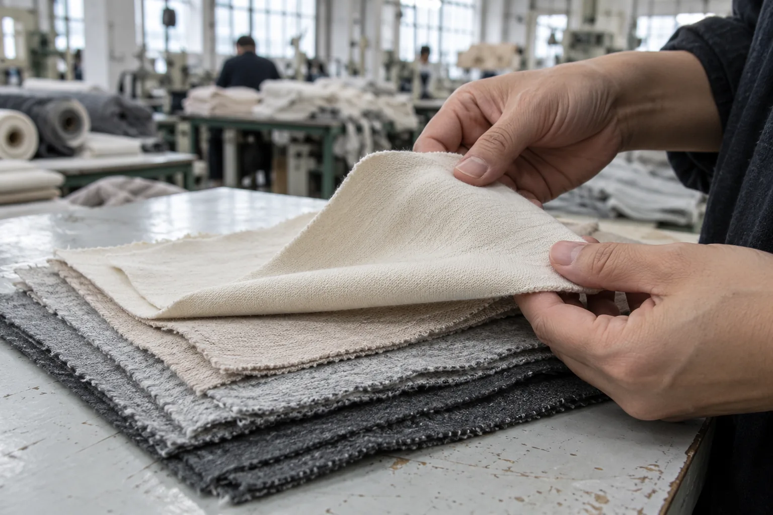 Cotton jersey swatches with different weights and drape on a fabric inspection table