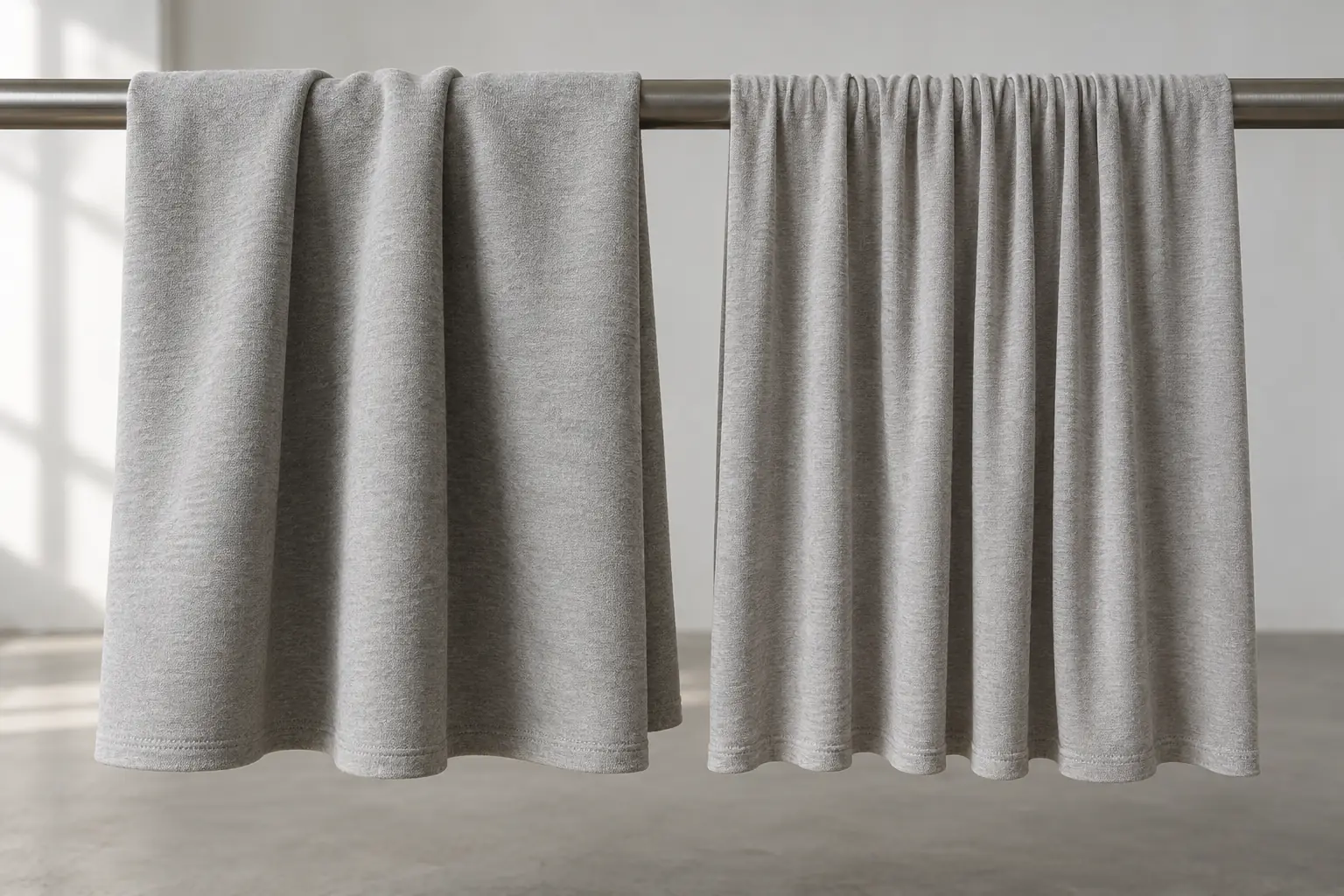 Two jersey panels suspended side by side to compare their folds