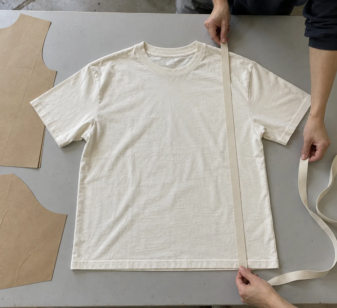 Unbranded boxy tee sample laid flat with measuring tools at the shoulder and hem