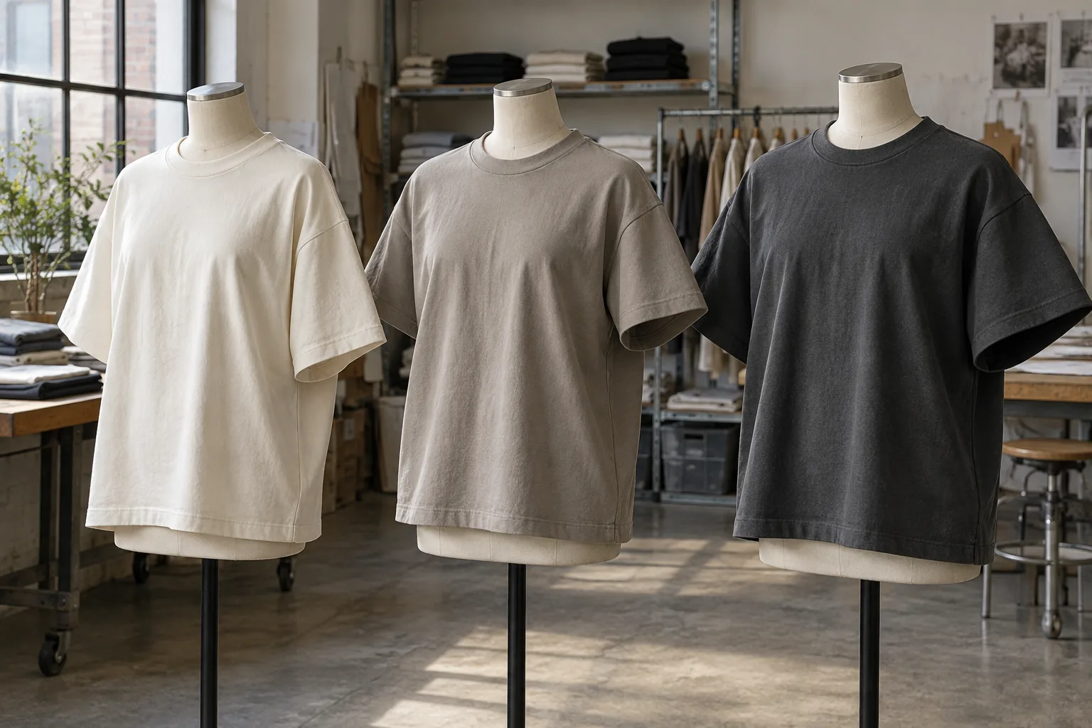 Photorealistic garment documentary photograph of three finished unbranded boxy cotton T-shirts in muted neutral colours