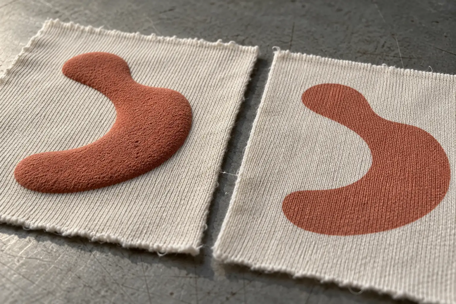 Raised and flat ink edges on cotton jersey swatches under angled light