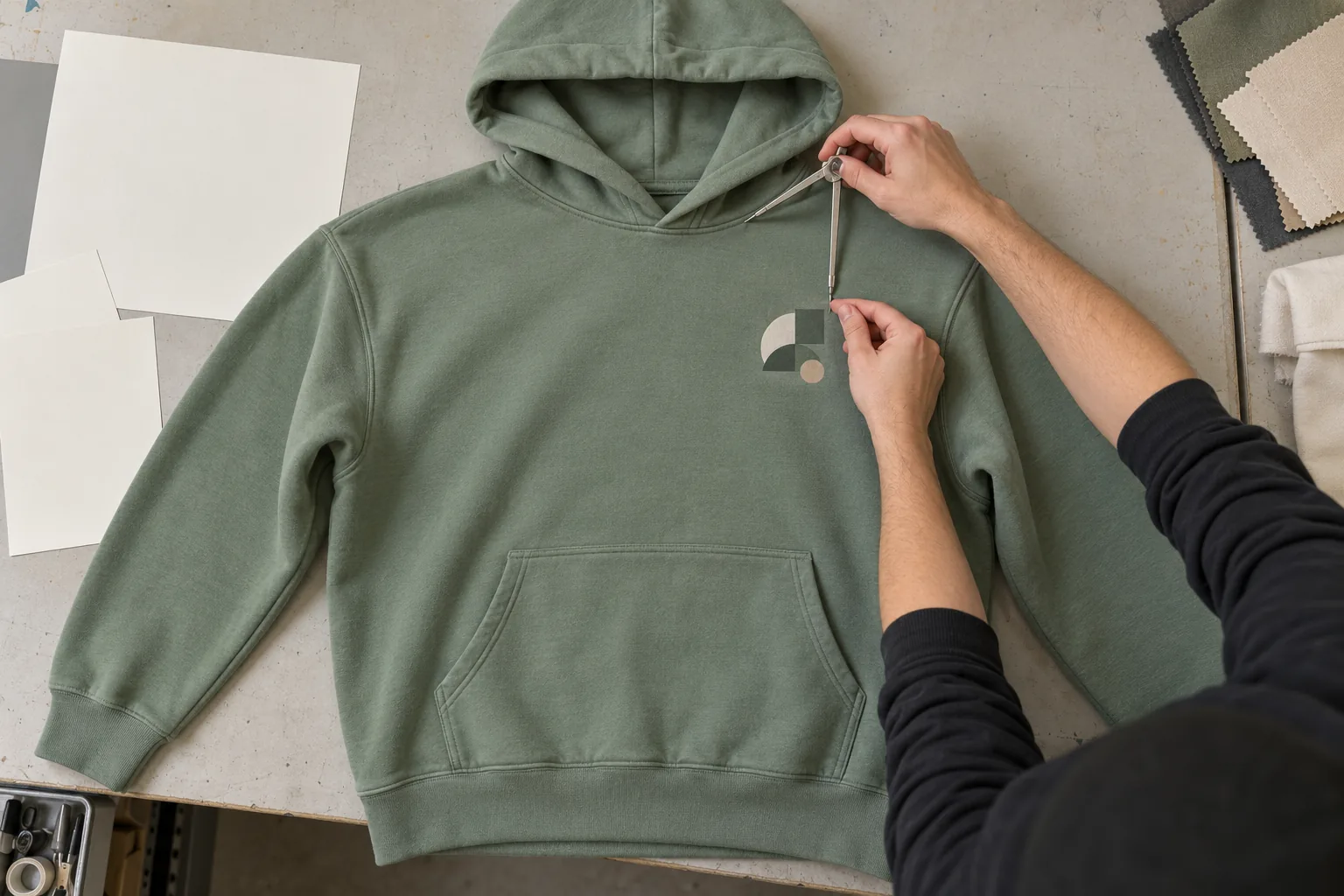Sampling table with a plain hoodie and measuring tools checking chest graphic placement