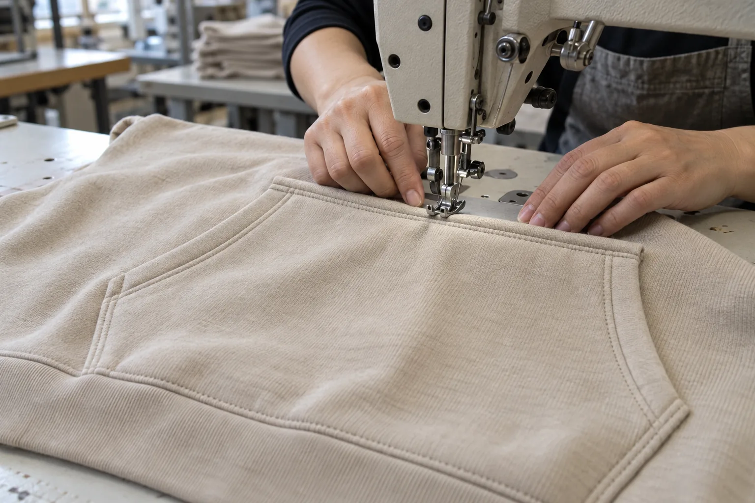 Operator sewing a kangaroo pocket onto a sweatshirt front panel