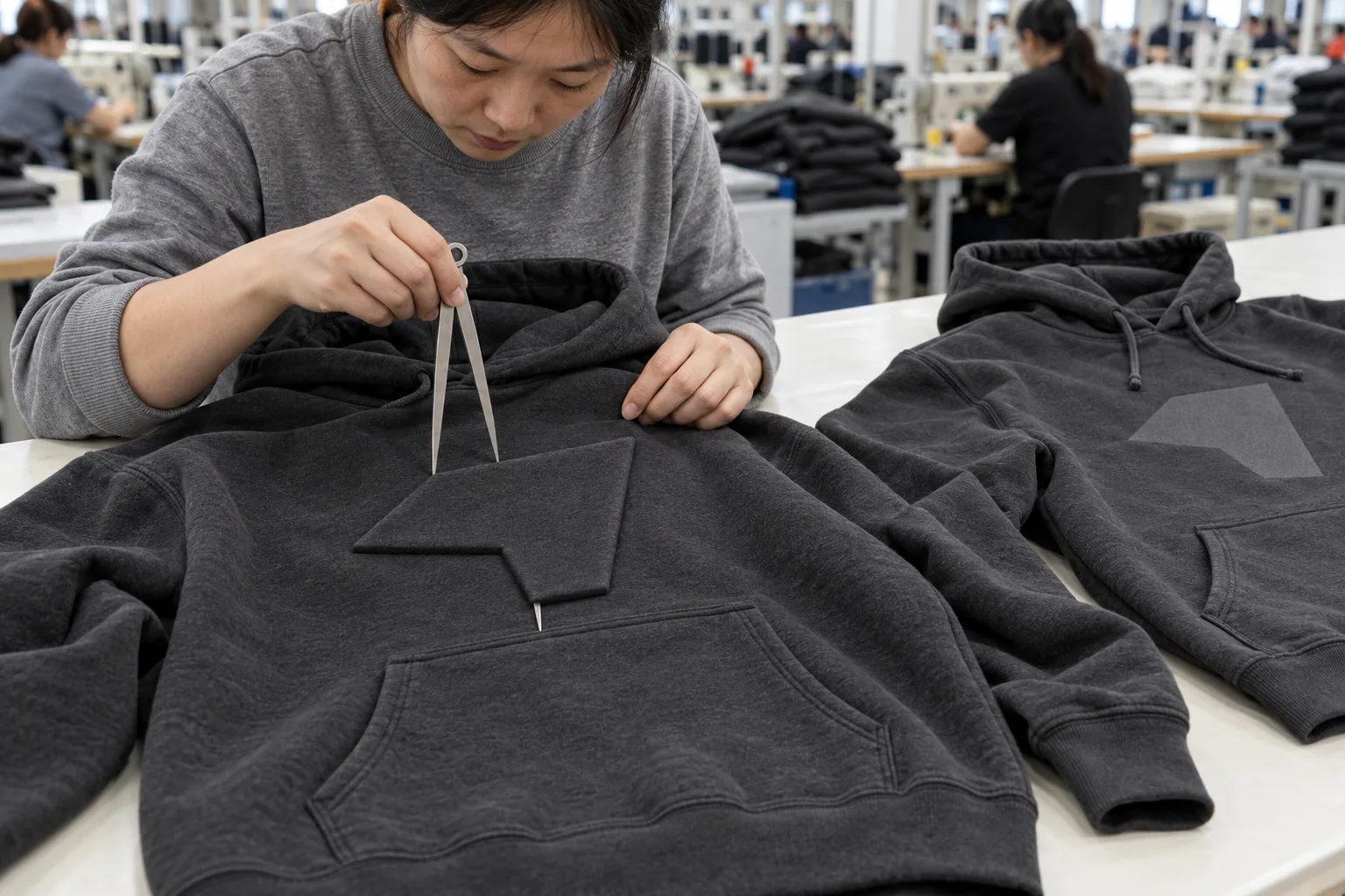 Photorealistic garment factory documentary photograph of a quality inspector checking a finished charcoal streetwear swe