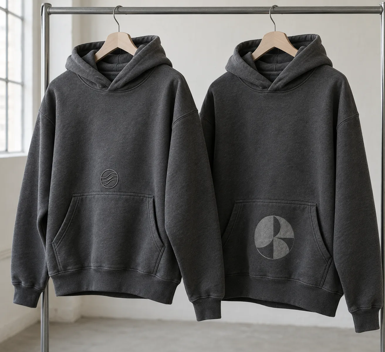 Photorealistic apparel documentary photograph of two finished premium charcoal hoodies on a plain garment rail, close th