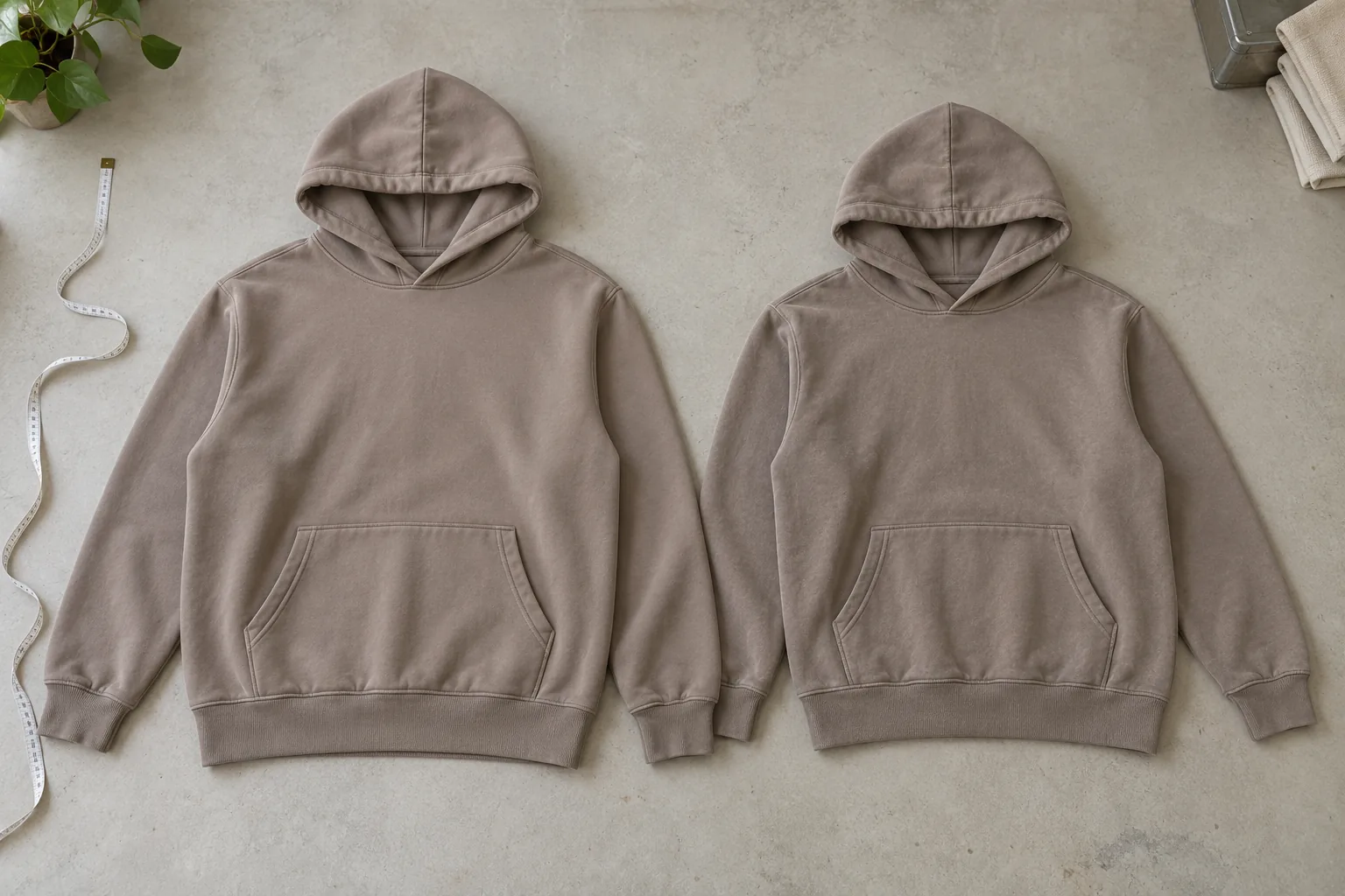 Two hoodie samples laid flat for comparison before and after laundering