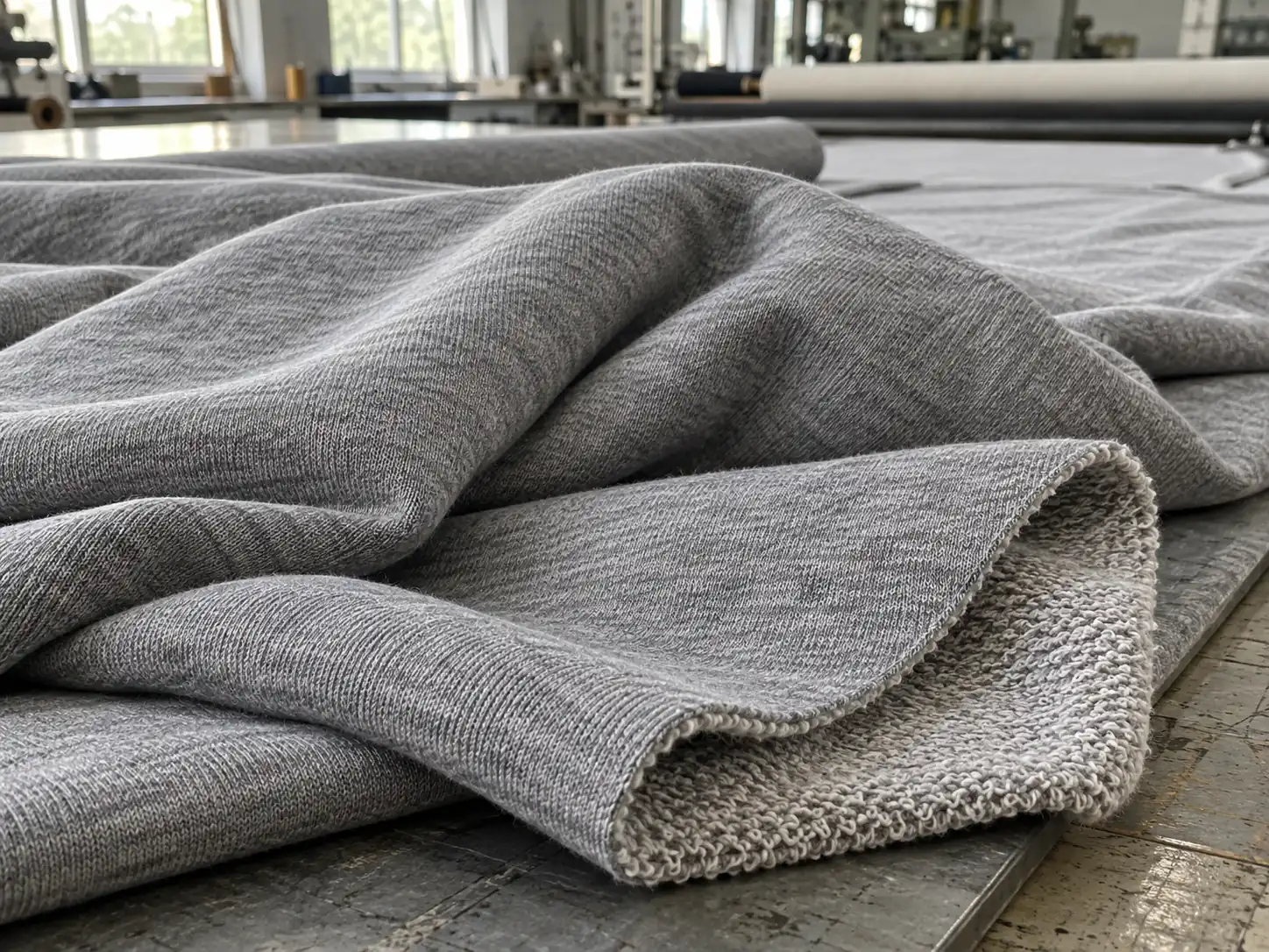 Relaxed knitted hoodie fabric resting in loose folds on a cutting table